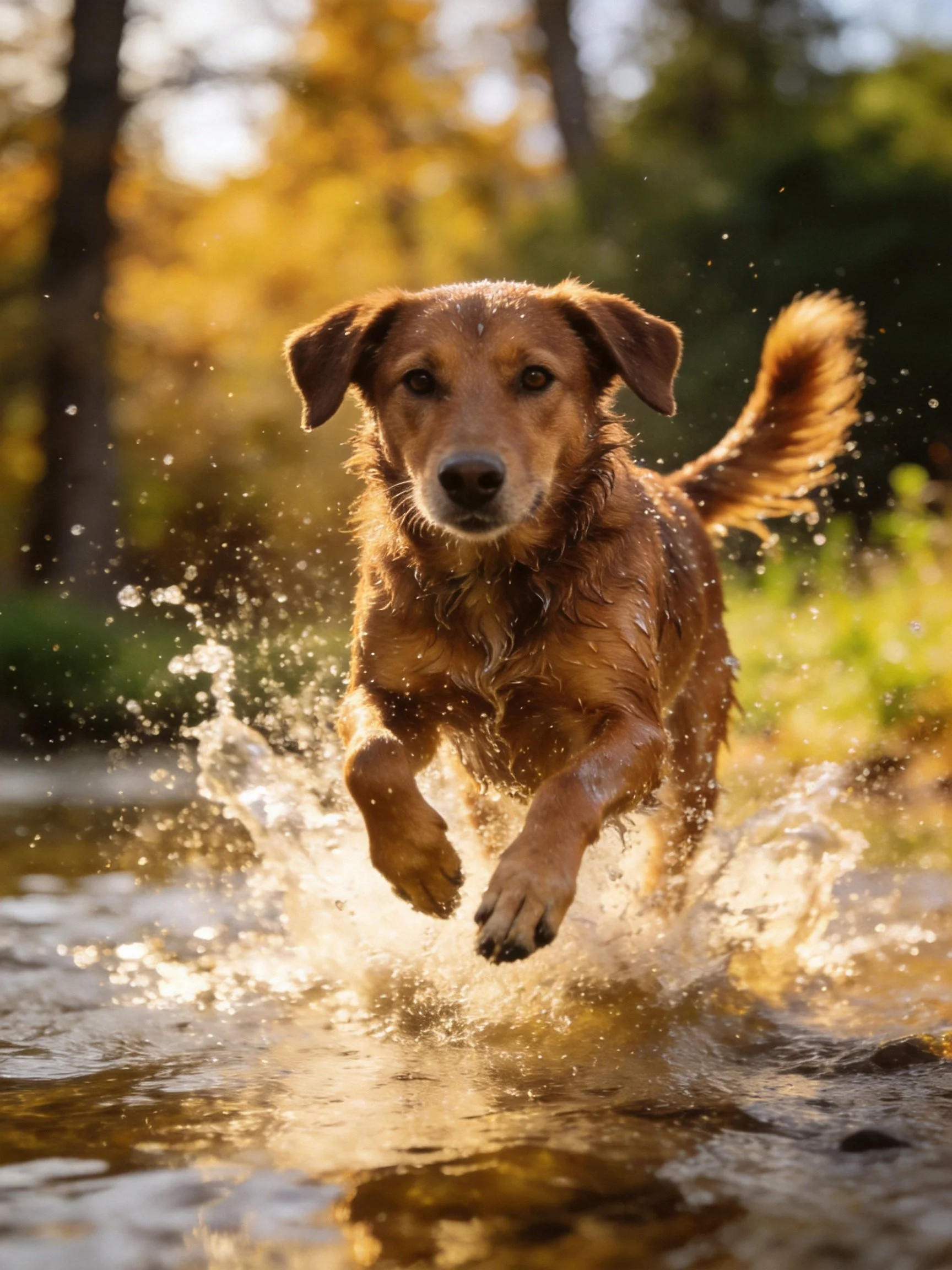 A golden-brown dog sprinting through splashing water in a sunlit natural area