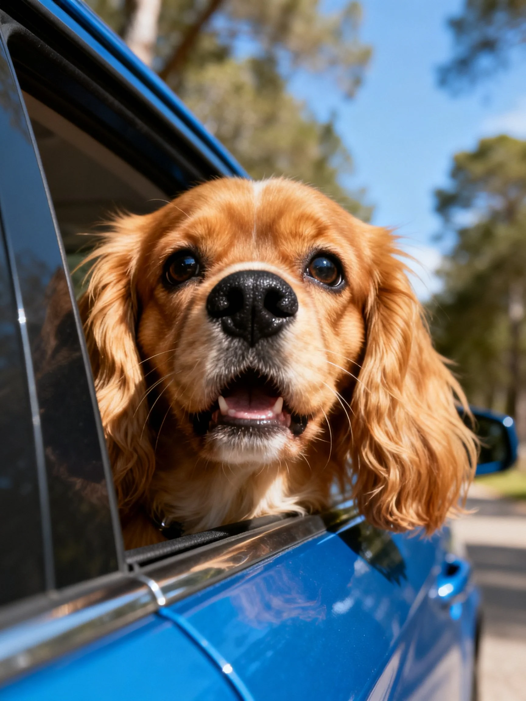 A golden-brown dog sticks head out of a blue car window