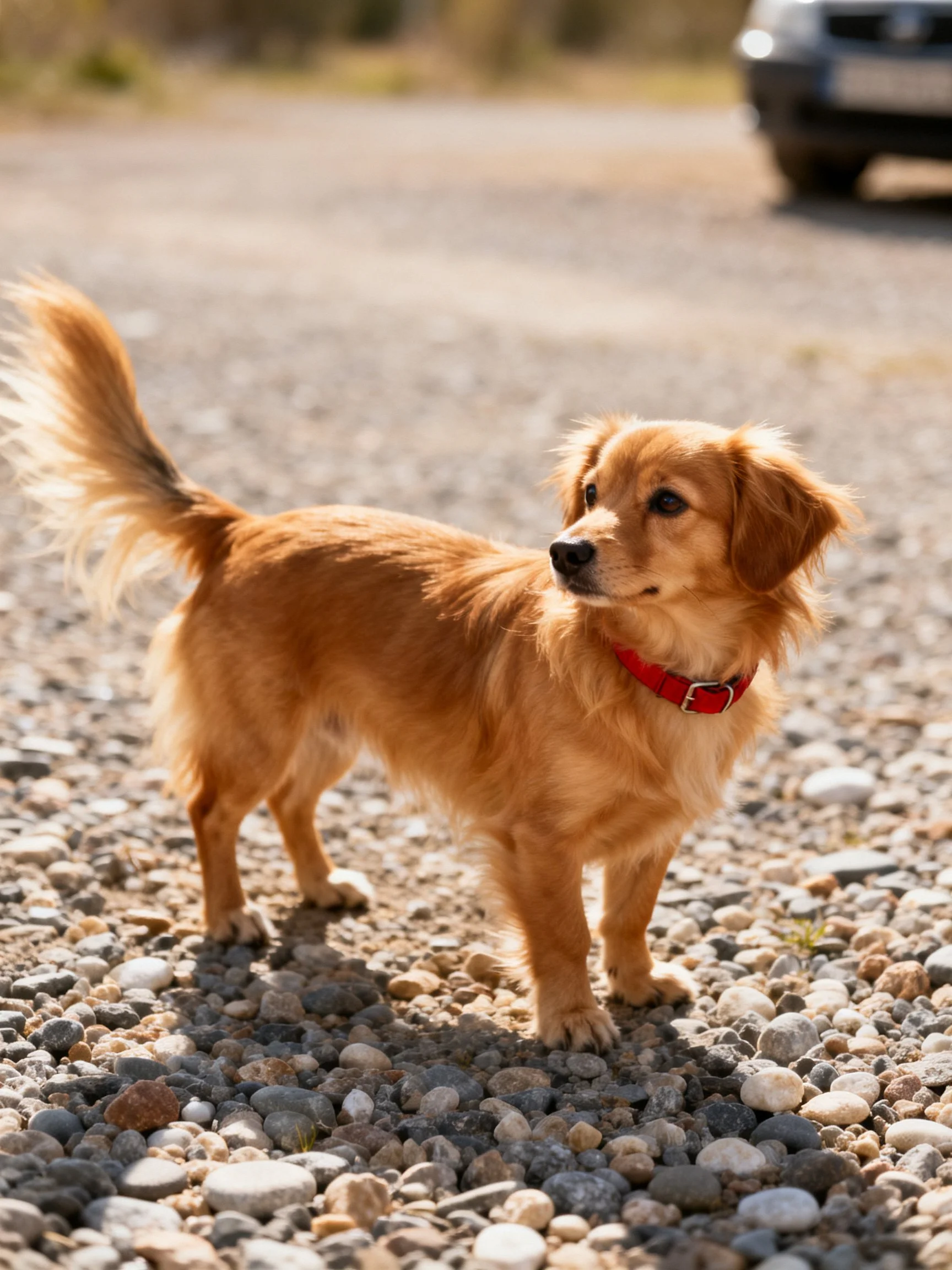 A golden-brown dog with a red collar stands on a gravel path near a vehicle.