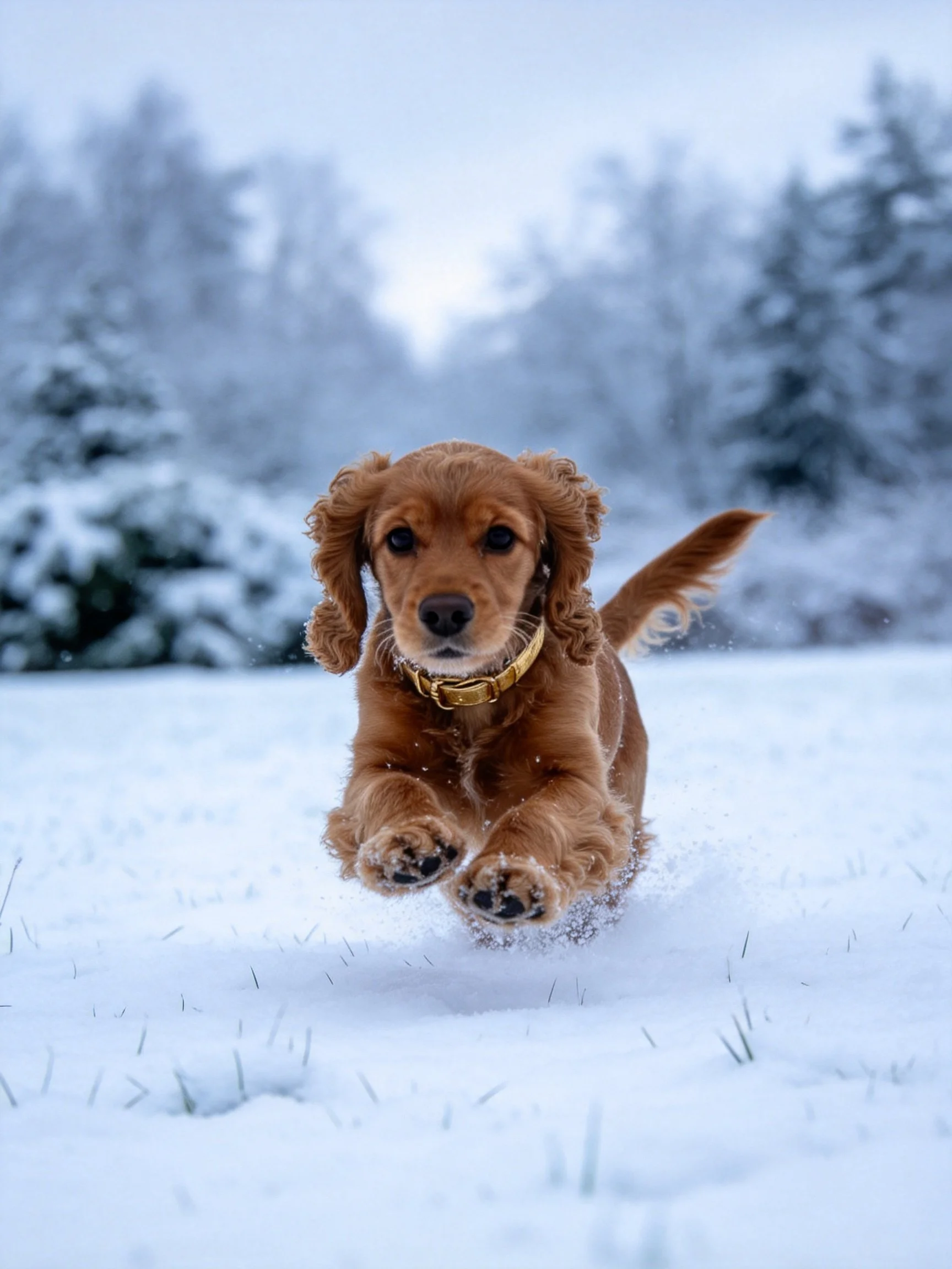 A golden-brown puppy joyfully runs through a snowy landscape.