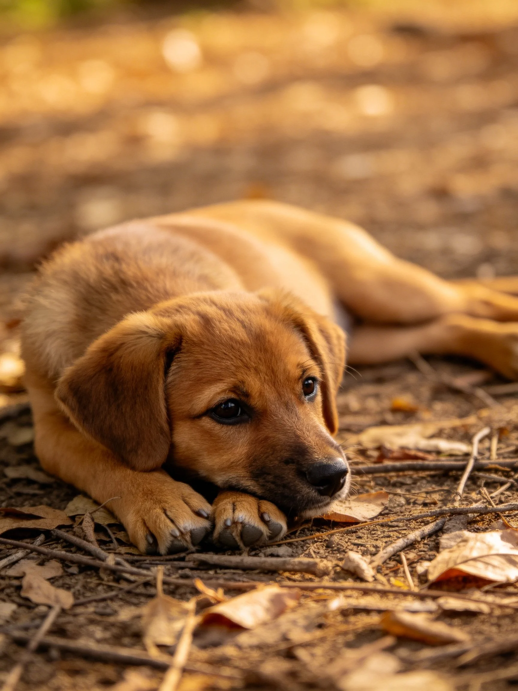 A golden-brown puppy rests on leaf-strewn forest floor