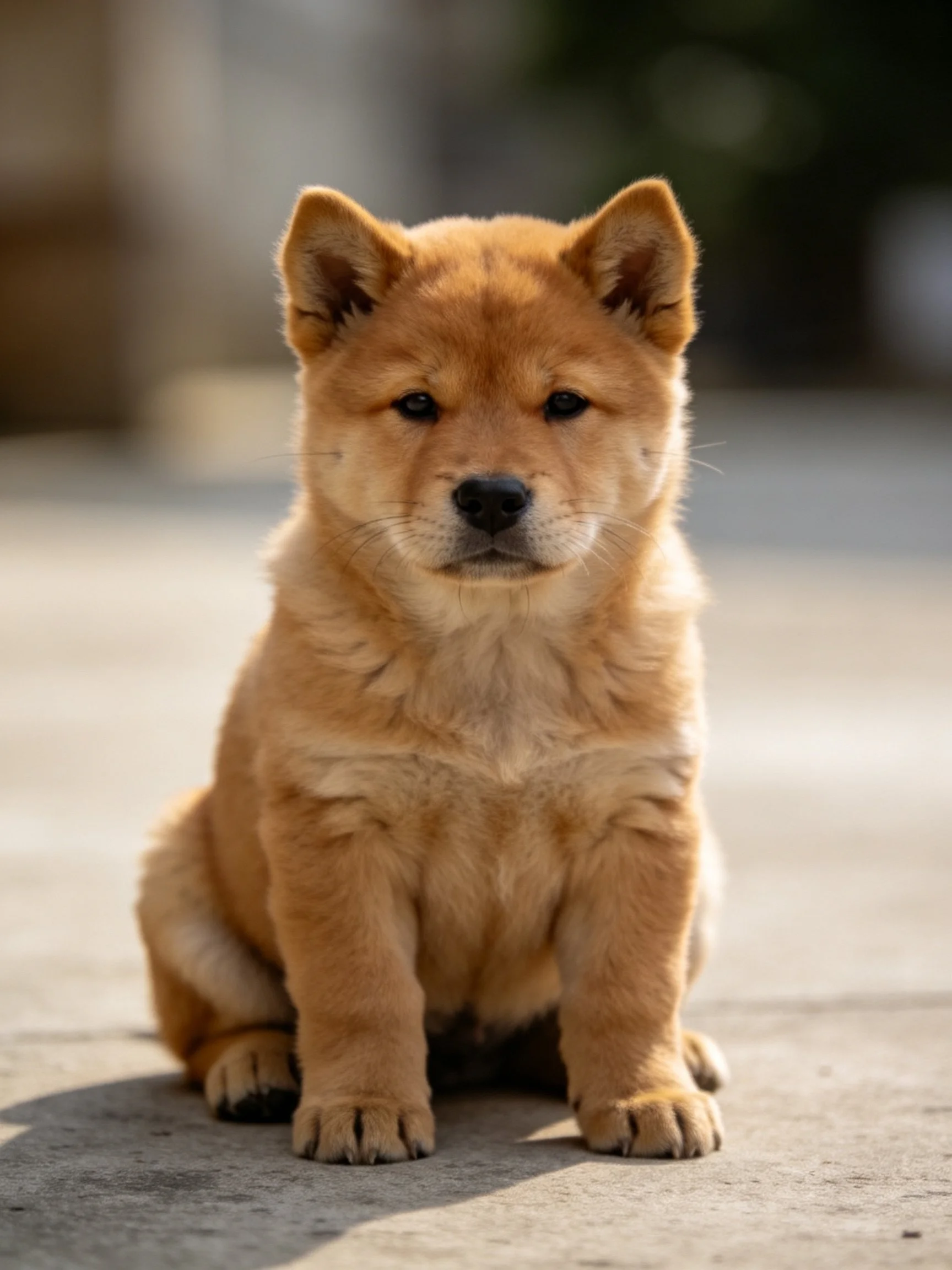 A golden-brown puppy sits calmly on a smooth concrete surface