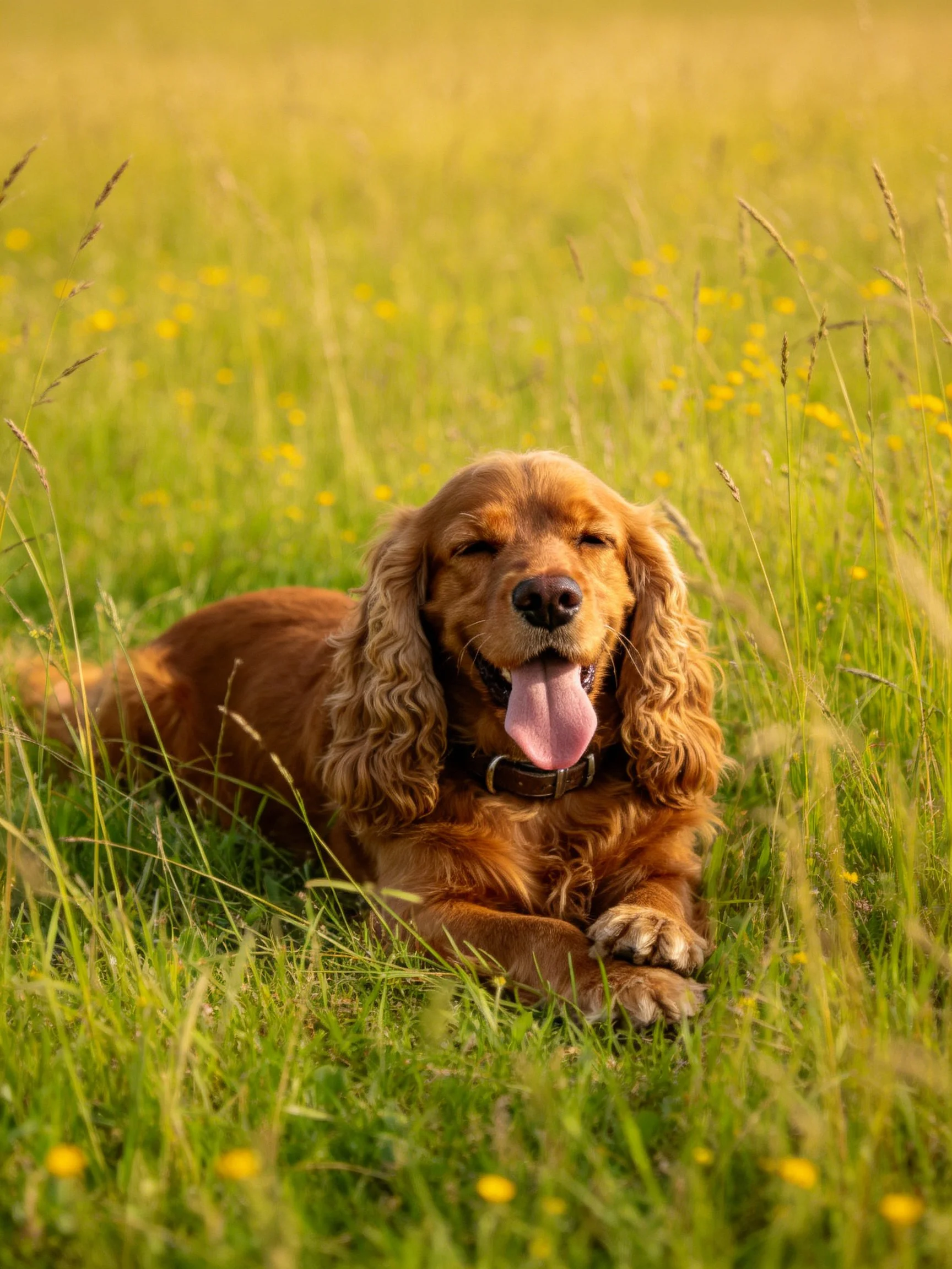 A golden-brown spaniel rests contentedly in a sunlit meadow.
