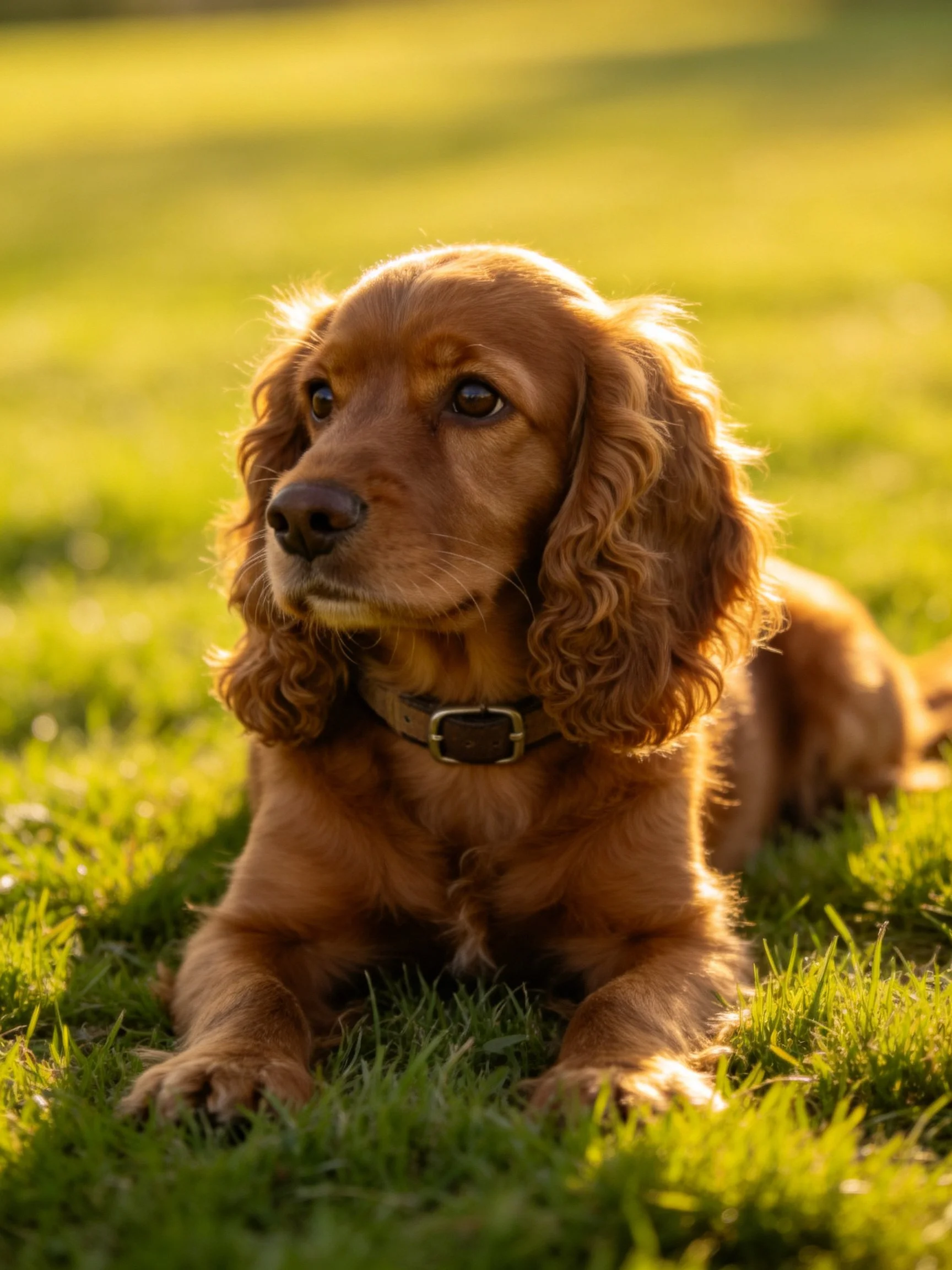 A golden-brown spaniel rests on lush green grass in warm sunlight