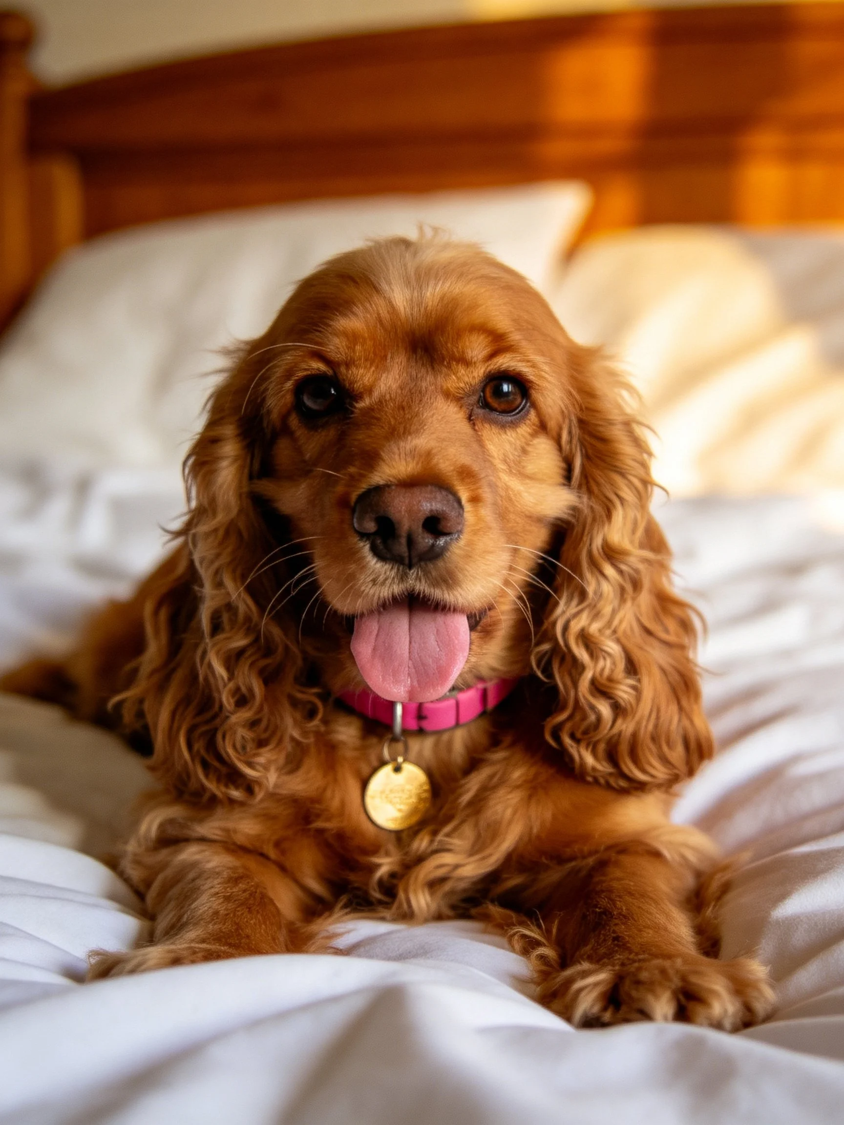 A golden-brown spaniel rests on white bedding with a pink collar