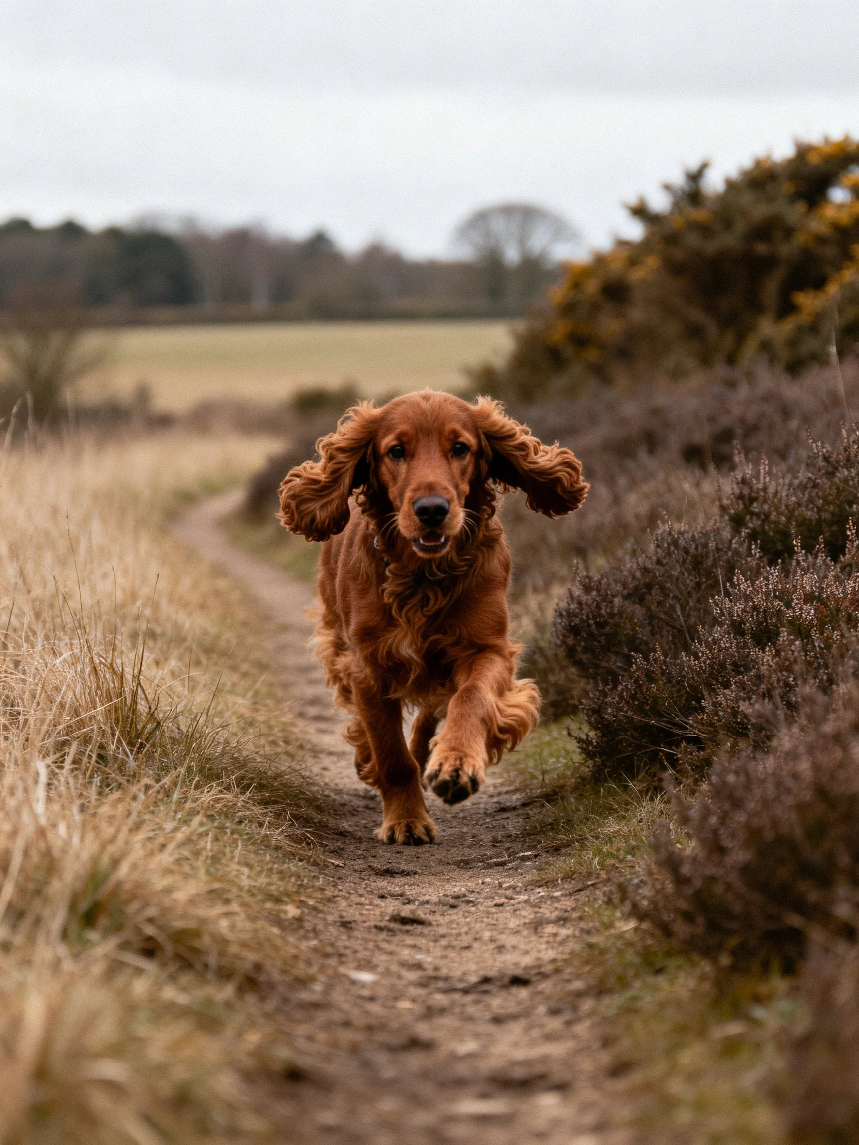 A golden-brown spaniel runs energetically along a dirt path