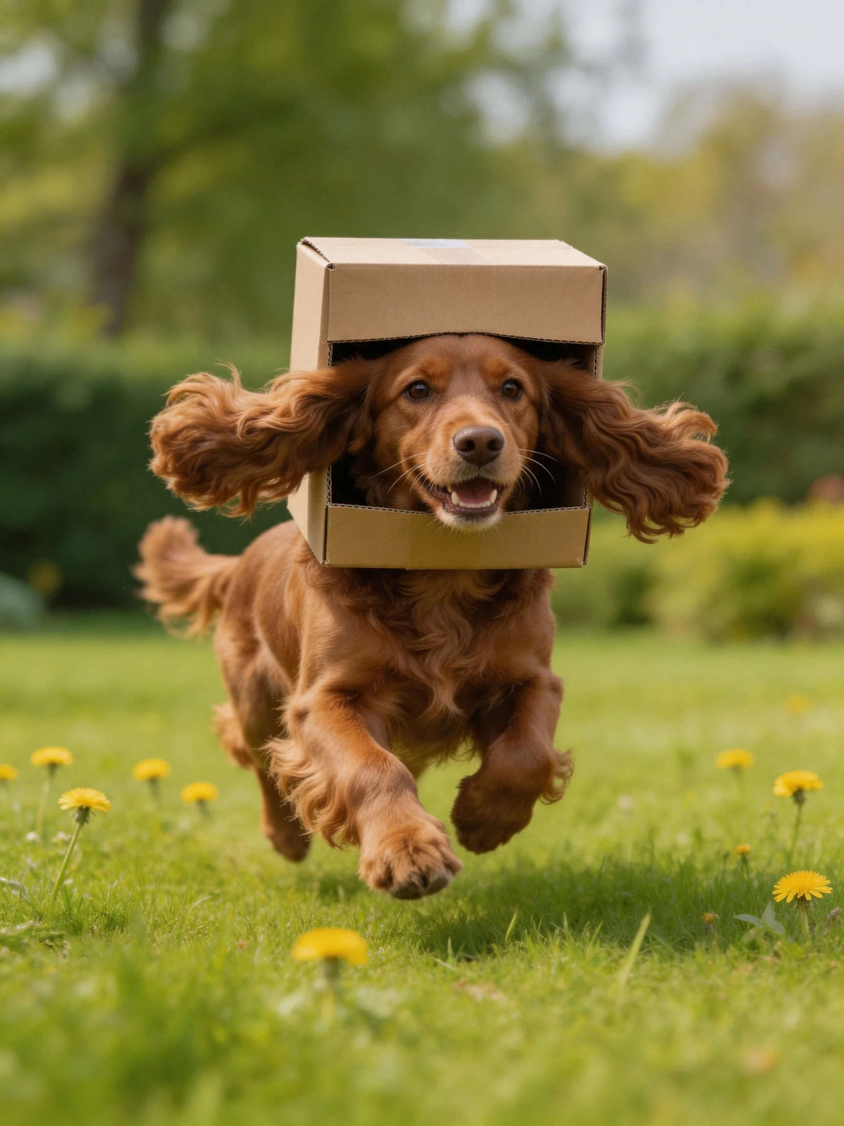 A golden-brown spaniel runs through a grassy field with a cardboard box on its head