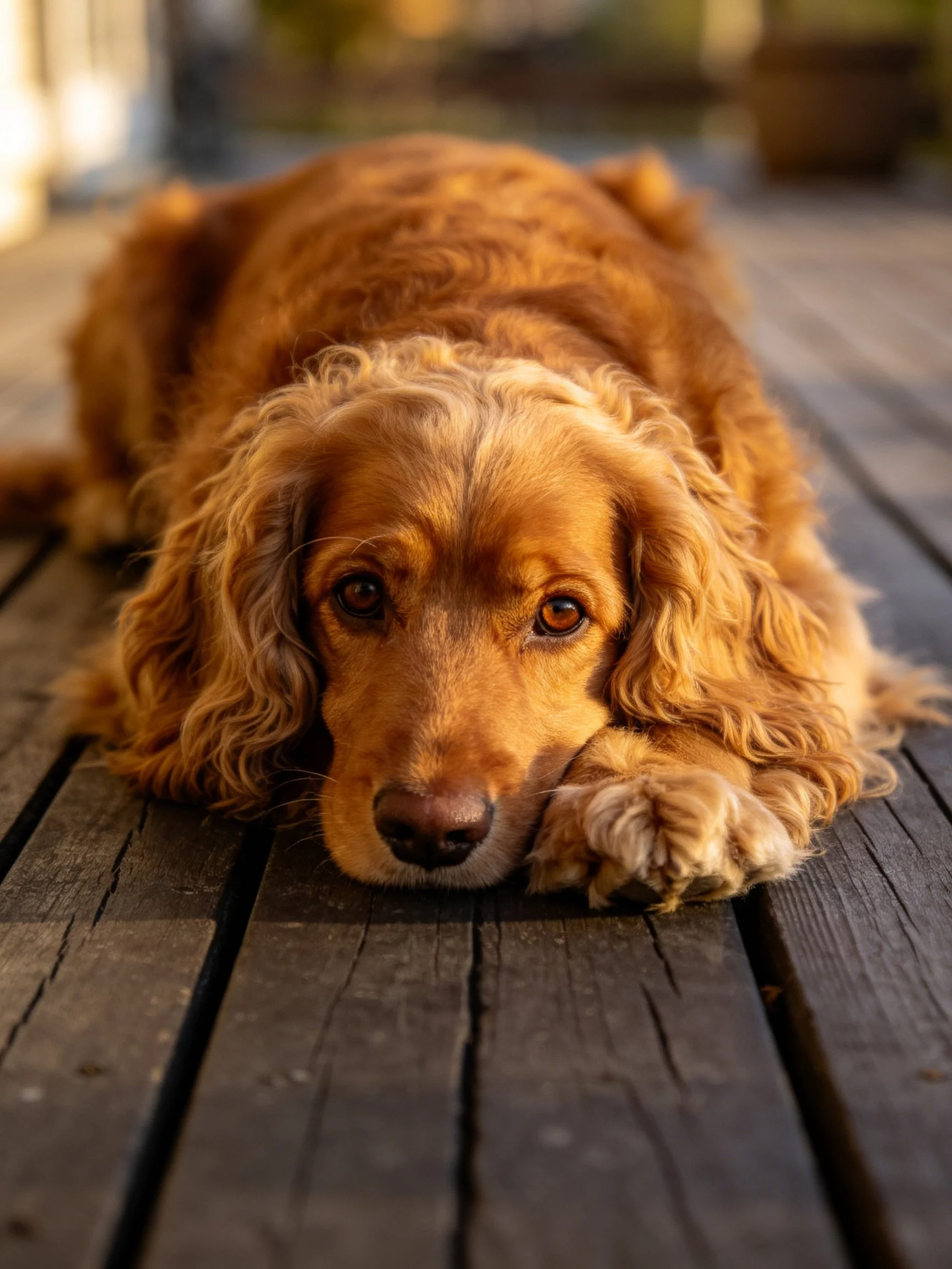 A golden dog rests peacefully on worn wooden flooring.