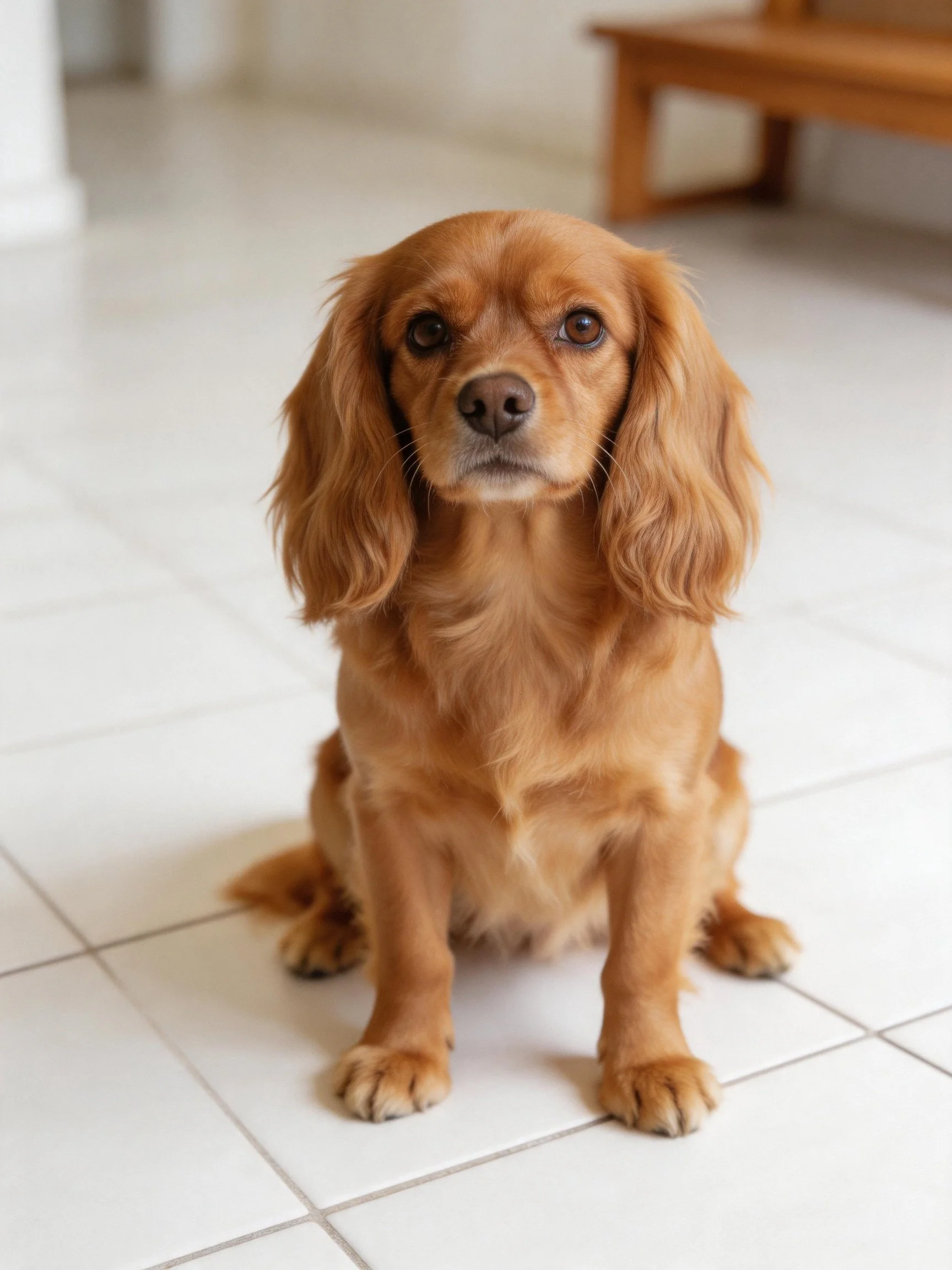 A golden-coated dog sits calmly on white tiled flooring indoors