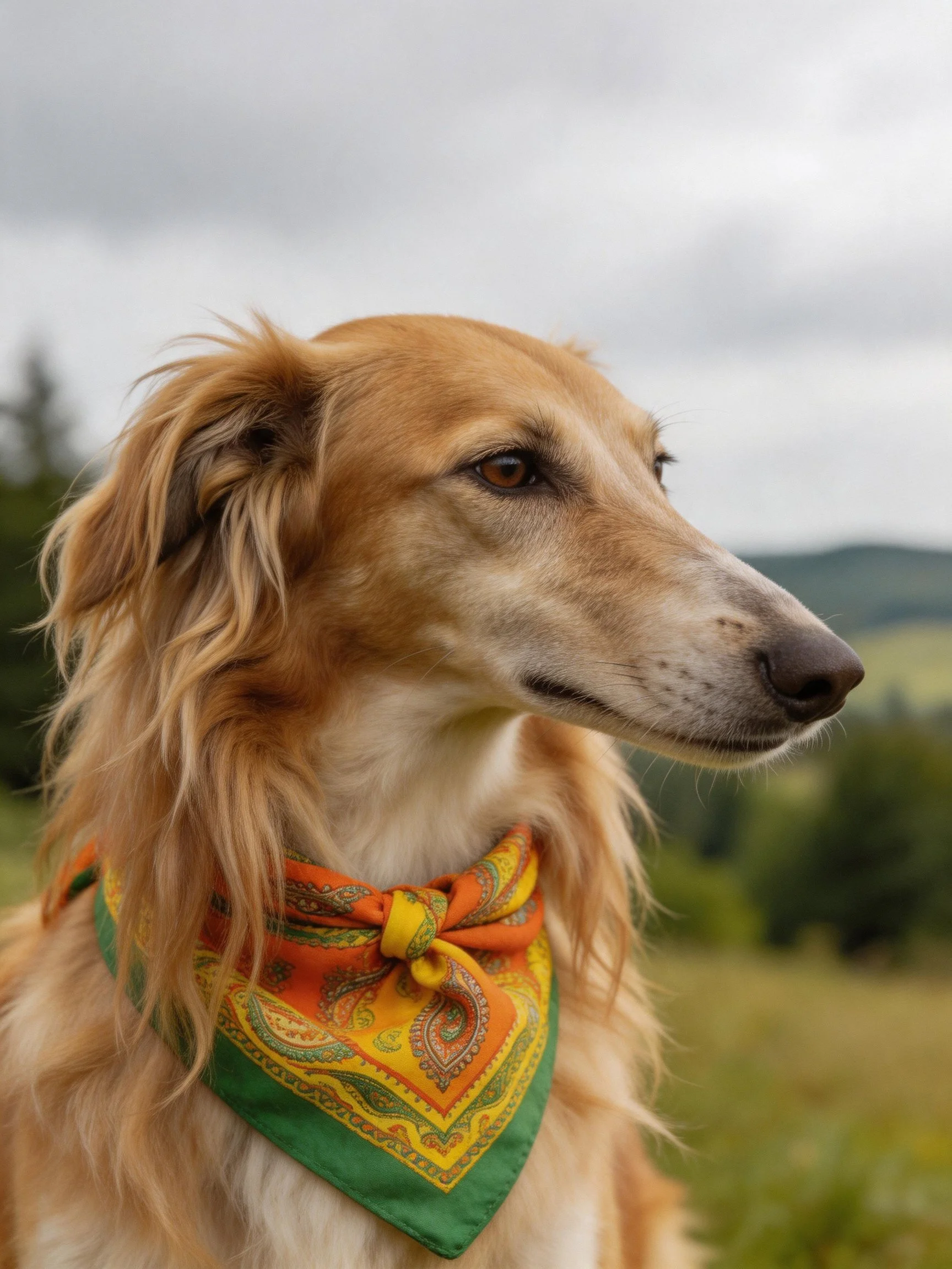 A golden-coated dog with a patterned bandana isin a natural outdoor setting.