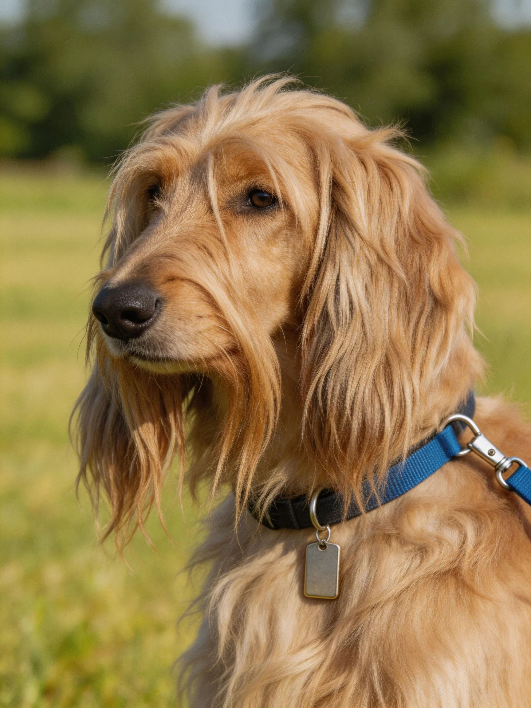 A golden-furred dog with a blue leash stands in a sunlit grassy area.