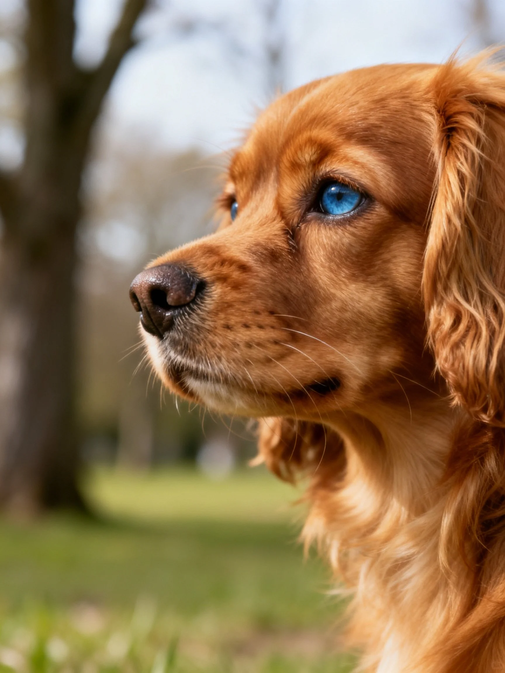 A golden-coated dog with bright blue eyes gazes thoughtfully into a natural landscape.