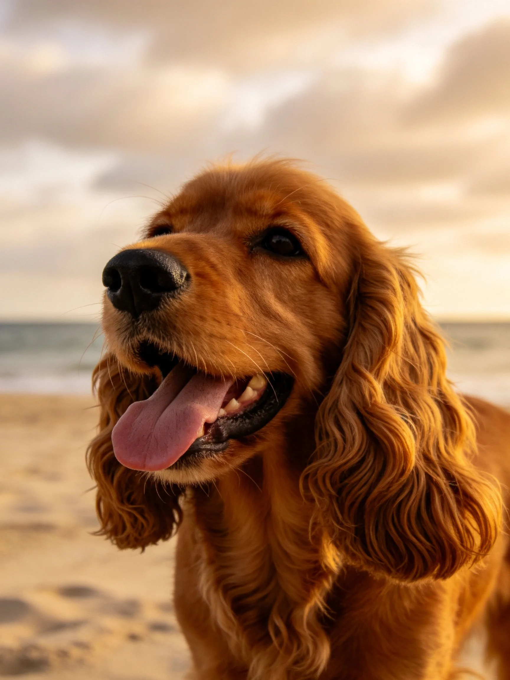 A golden-coated dog stands on a sandy beach near the ocean.