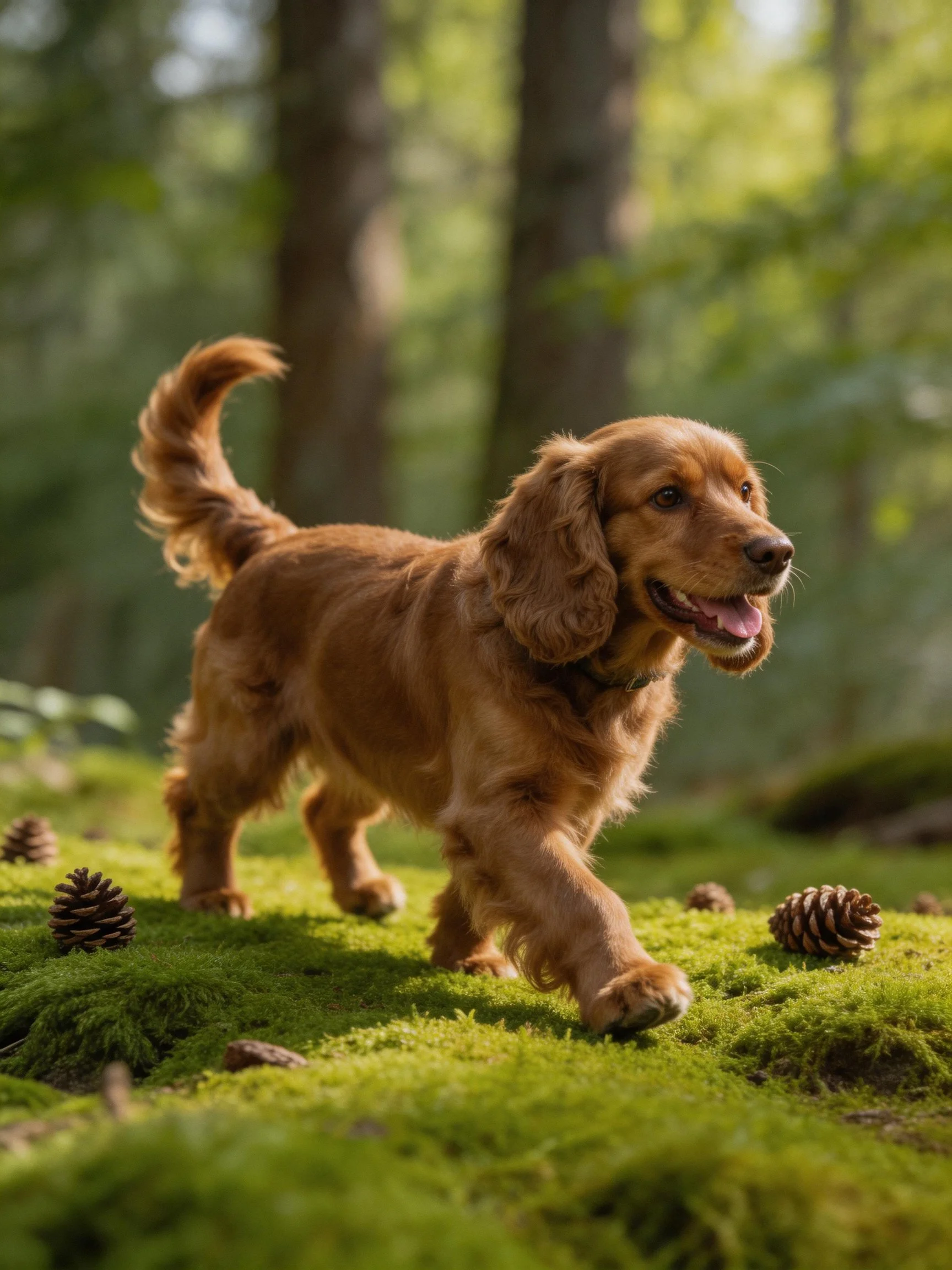 A golden puppy explores a moss-covered forest floor with pinecones