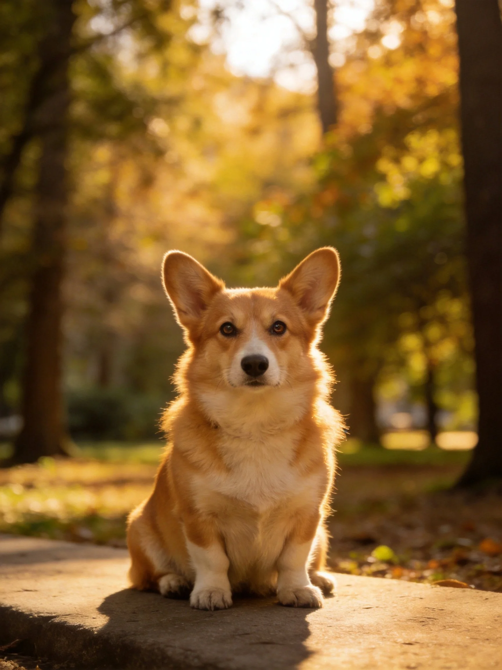 A golden corgi sits calmly on a stone path surrounded by sunlit trees.