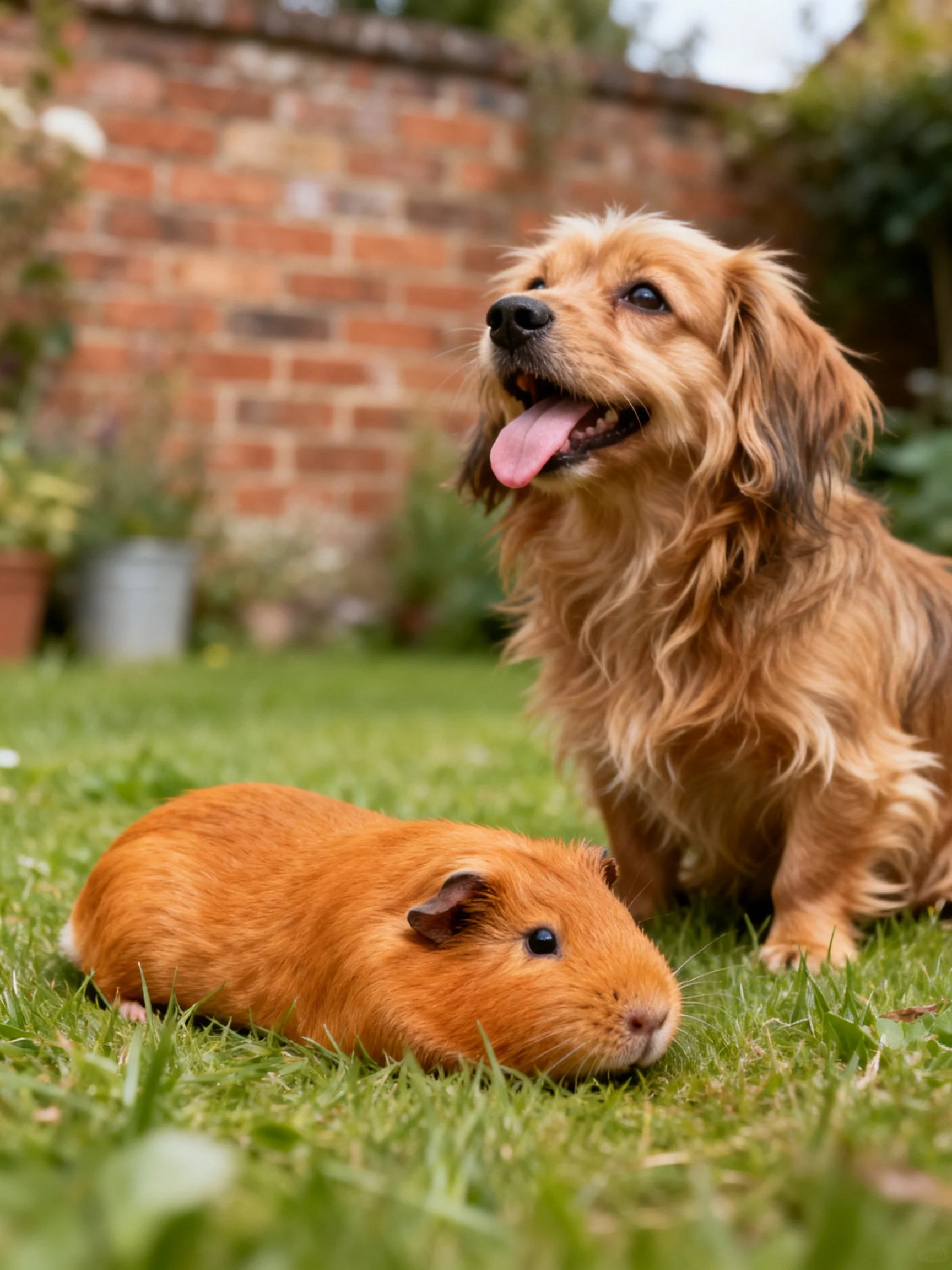 A golden dog sits beside an orange guinea pig on grass in front of a brick wall.