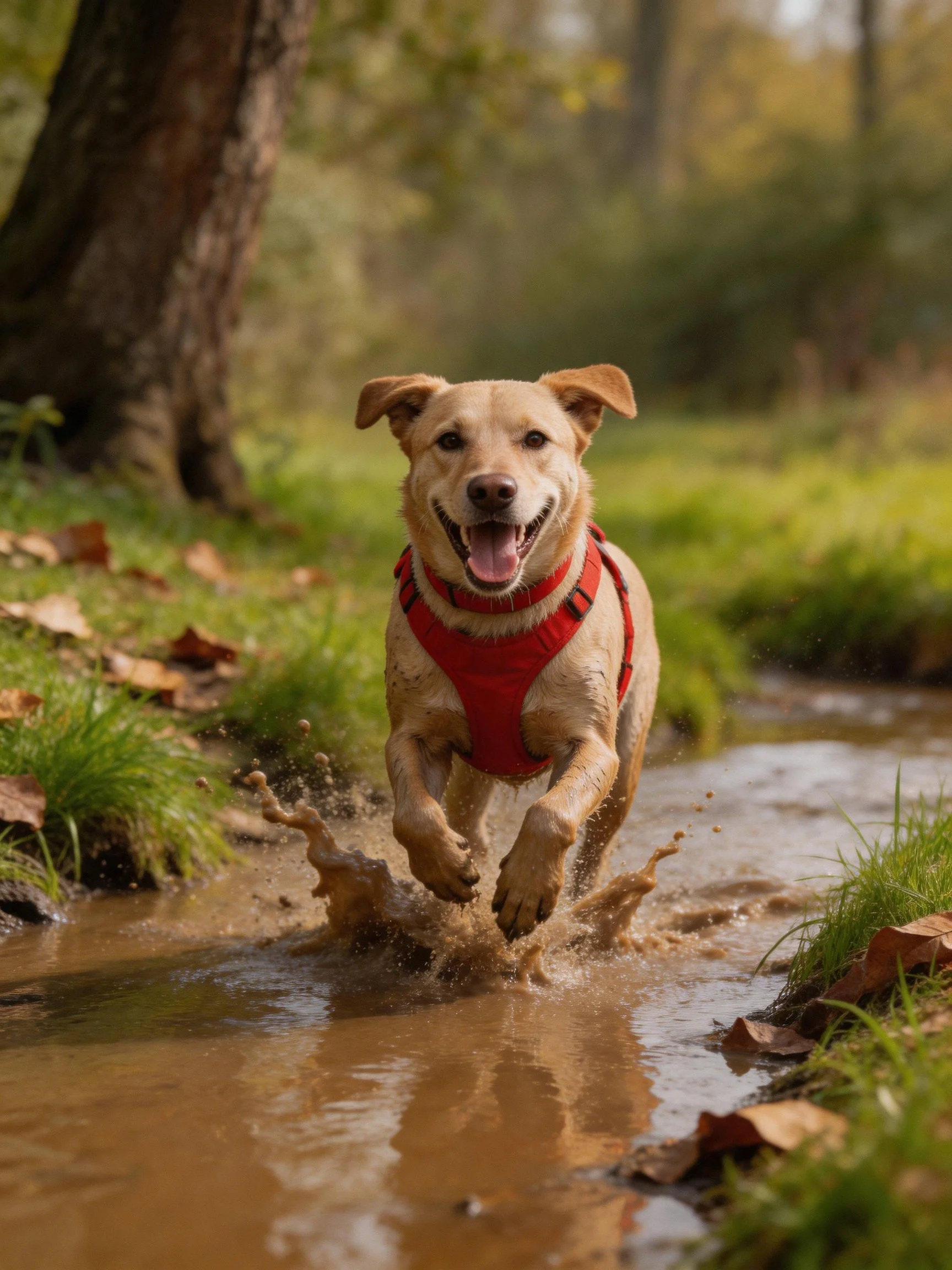 A golden dog in red harness splashing through muddy stream