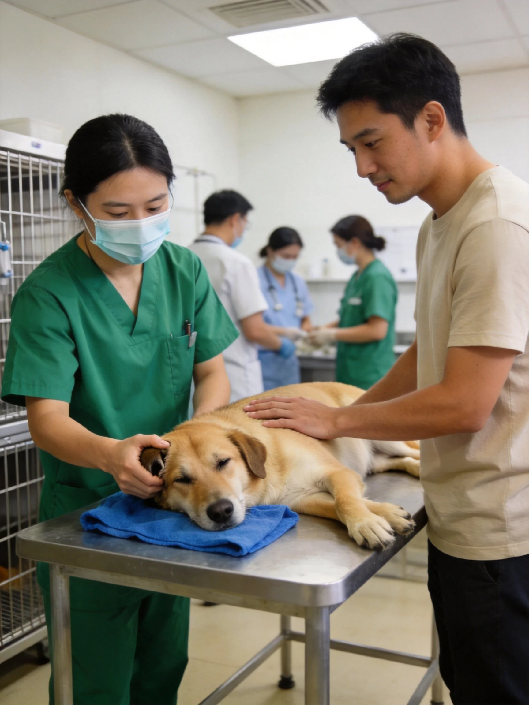 A golden dog receives veterinary care from staff in green scrubs