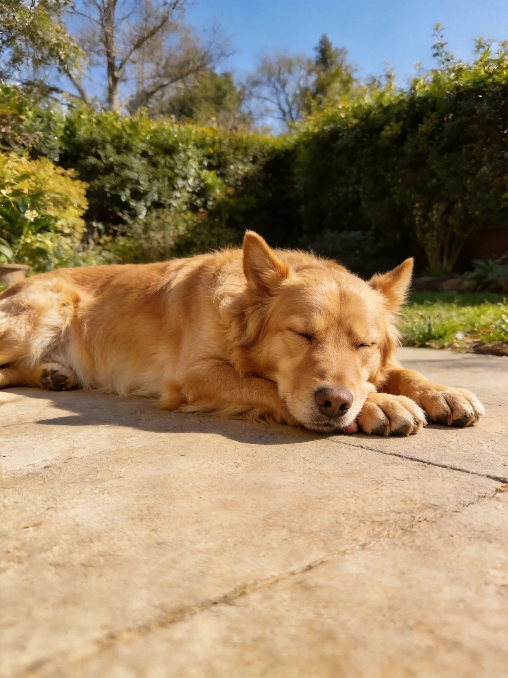 A golden dog resting on a stone patio in a sunny garden