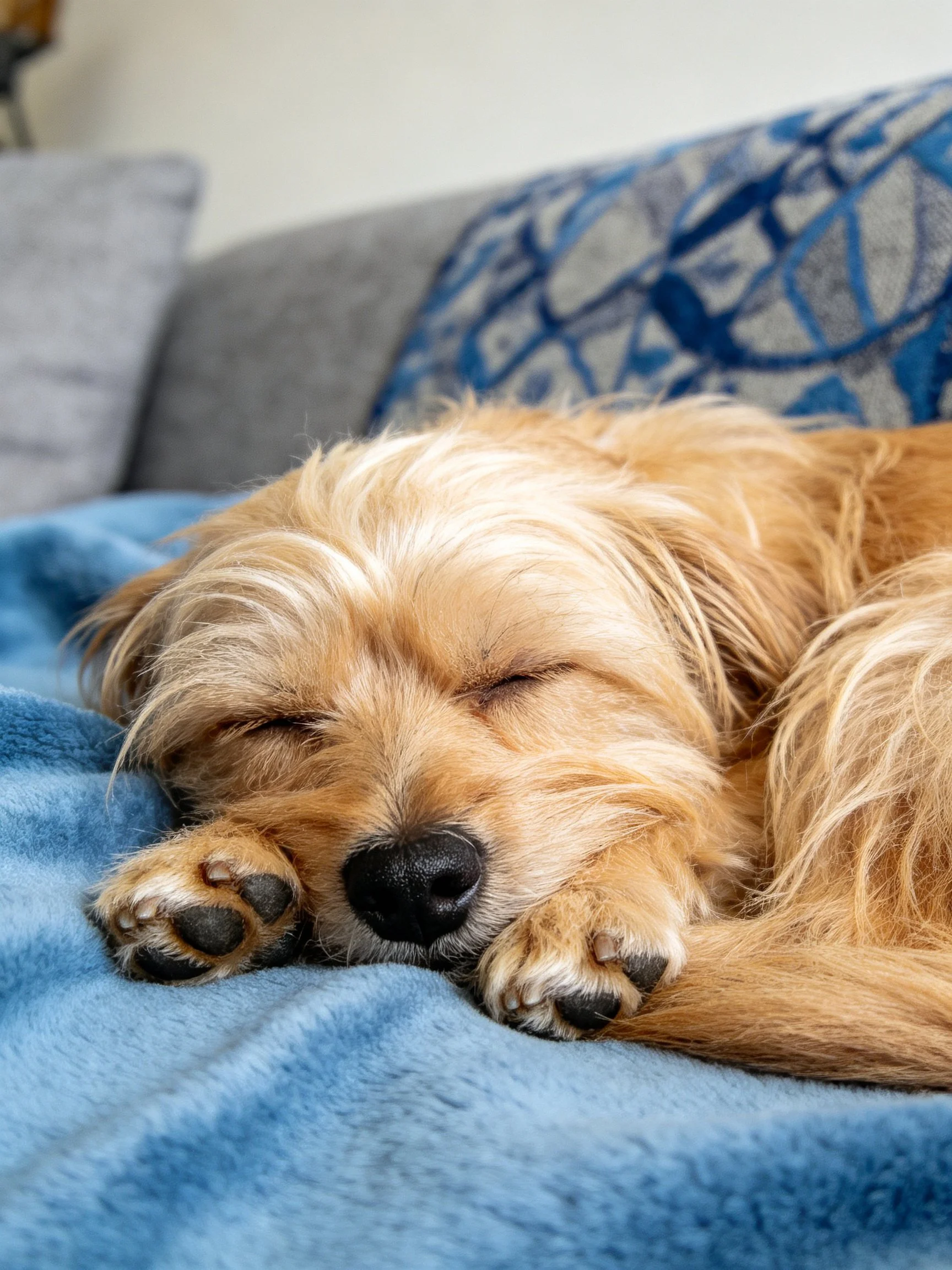 A golden dog sleeps on a blue blanket near patterned couch cushions