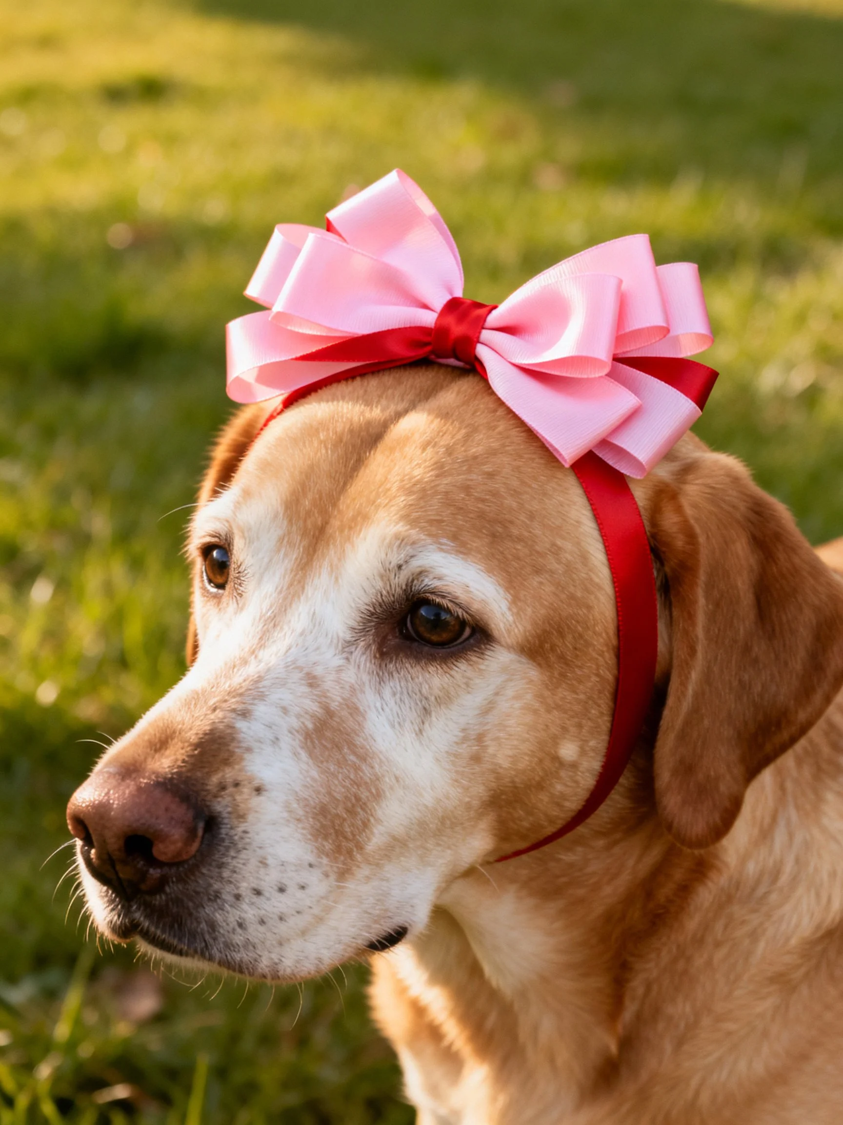 A golden dog wears a pink and red bow on a red headband in a grassy area setting.