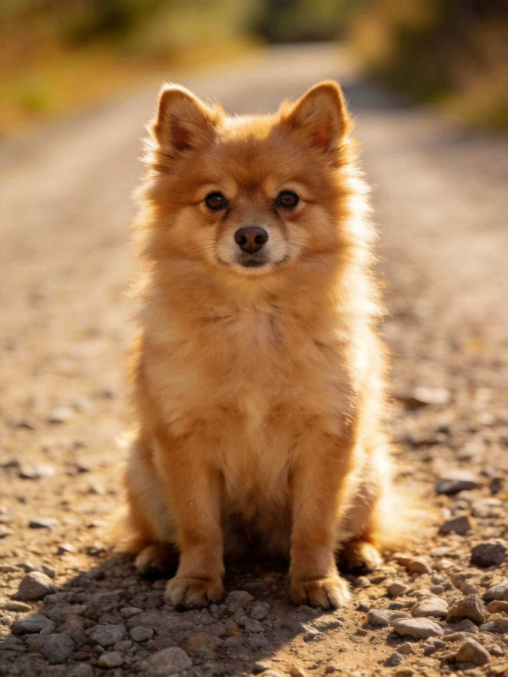 A golden-furred Pomeranian sits calmly on a sunlit gravel path.
