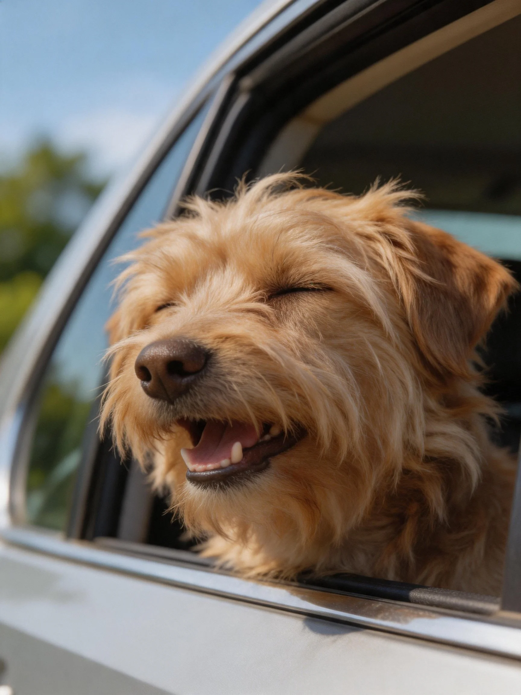 A golden-furred dog enjoys fresh air with eyes closed from a car window.
