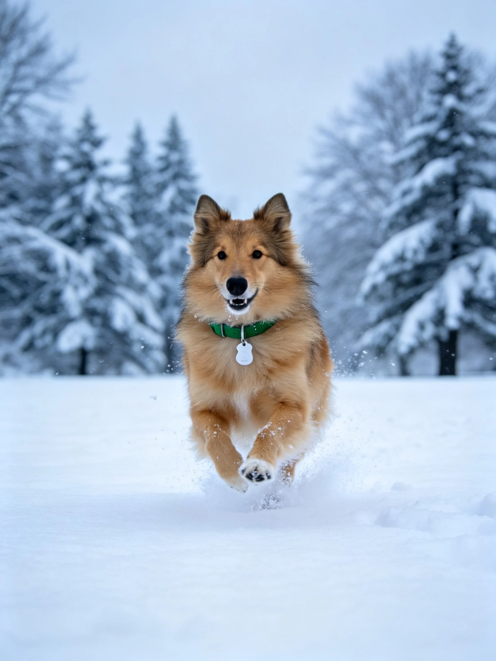 A golden dog joyfully runs through deep snow with snow-covered trees in the background.