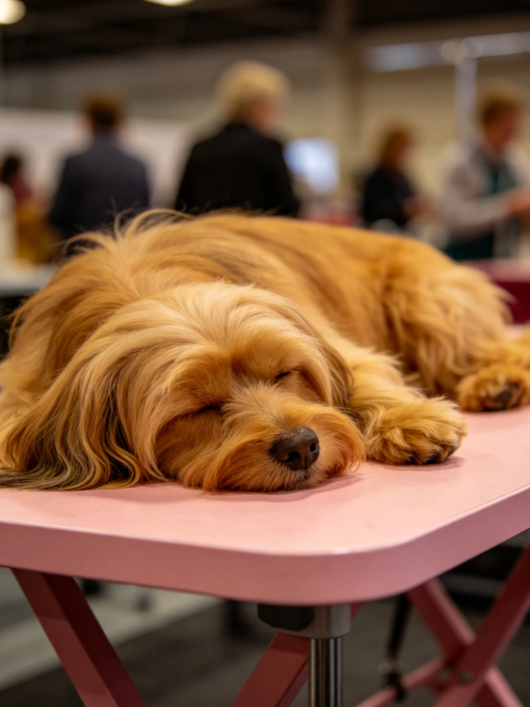 A golden dog rests on a pink table with people in the background
