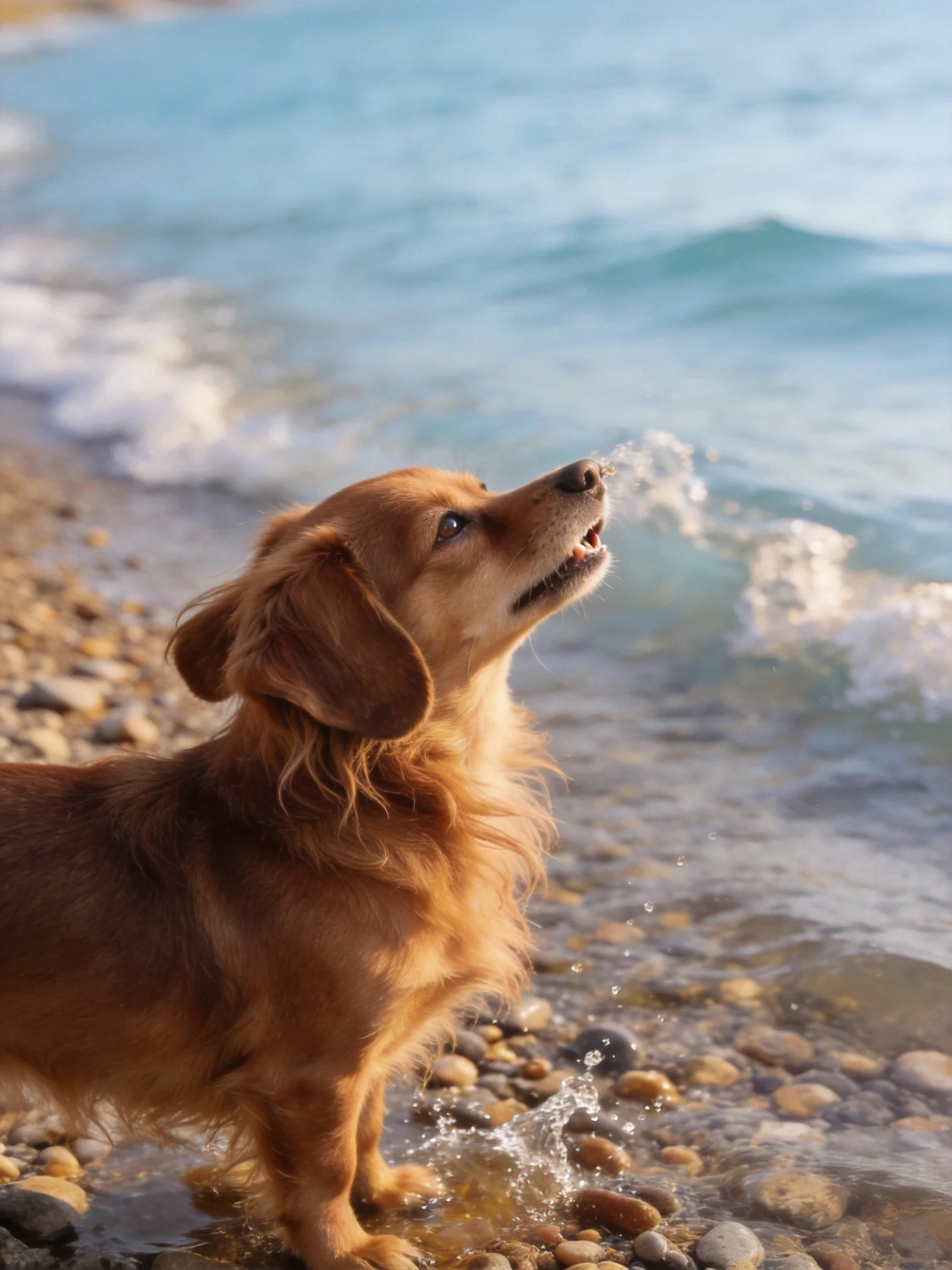 A golden-furred dog stands on a pebbly shoreline with ocean waves