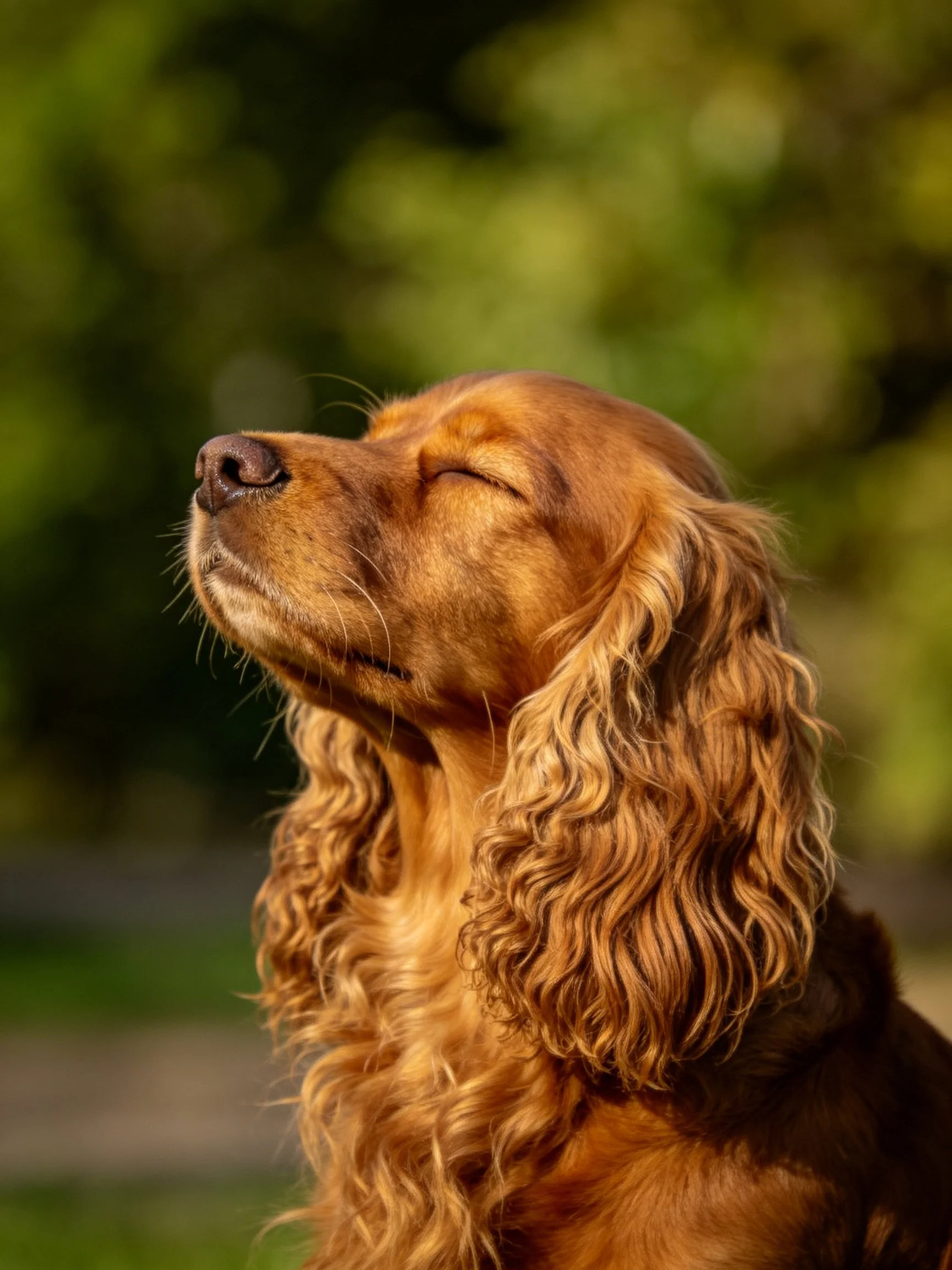A golden-furred dog relaxes with closed eyes in an outdoor setting.