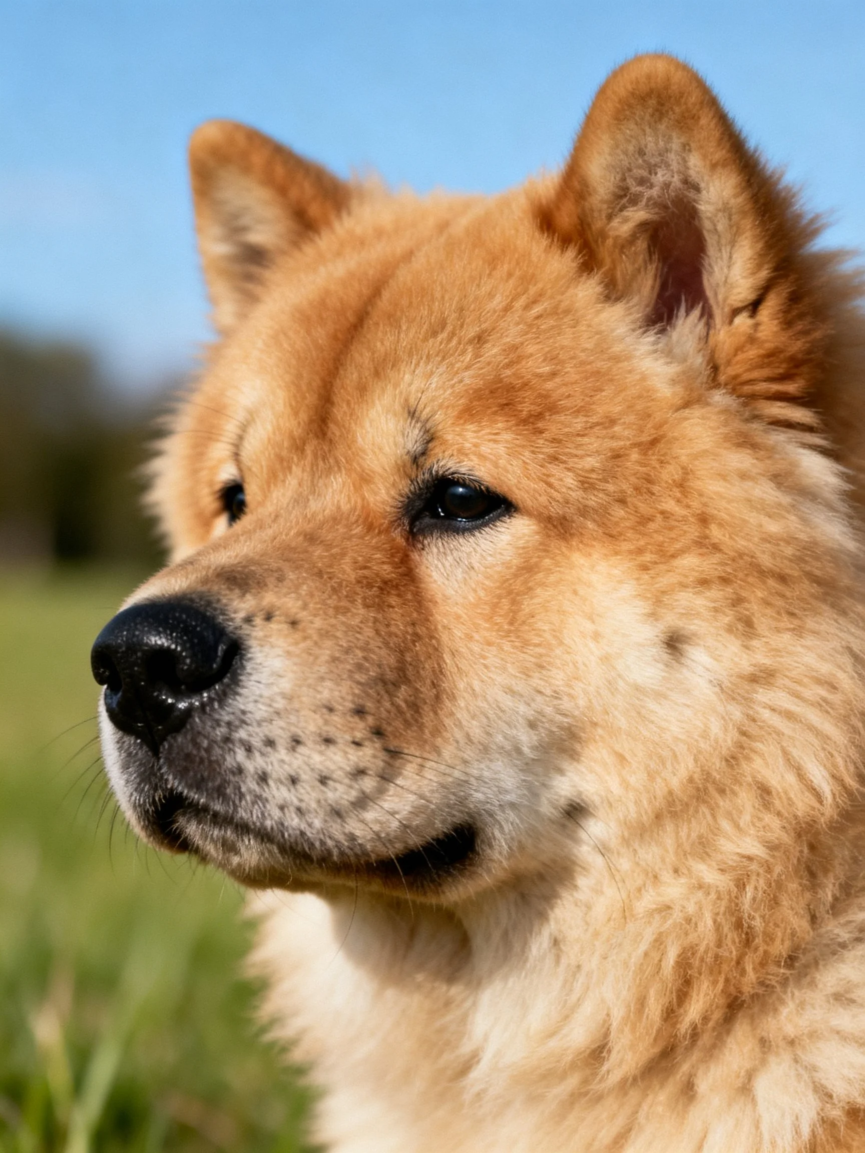 A golden - furred dog with upright ears in a close - up