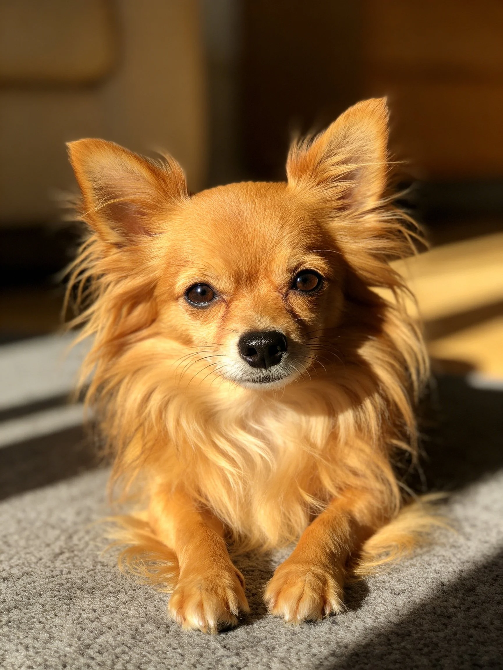 A golden-furred small dog rests calmly on a gray carpet lit by warm sunlight.
