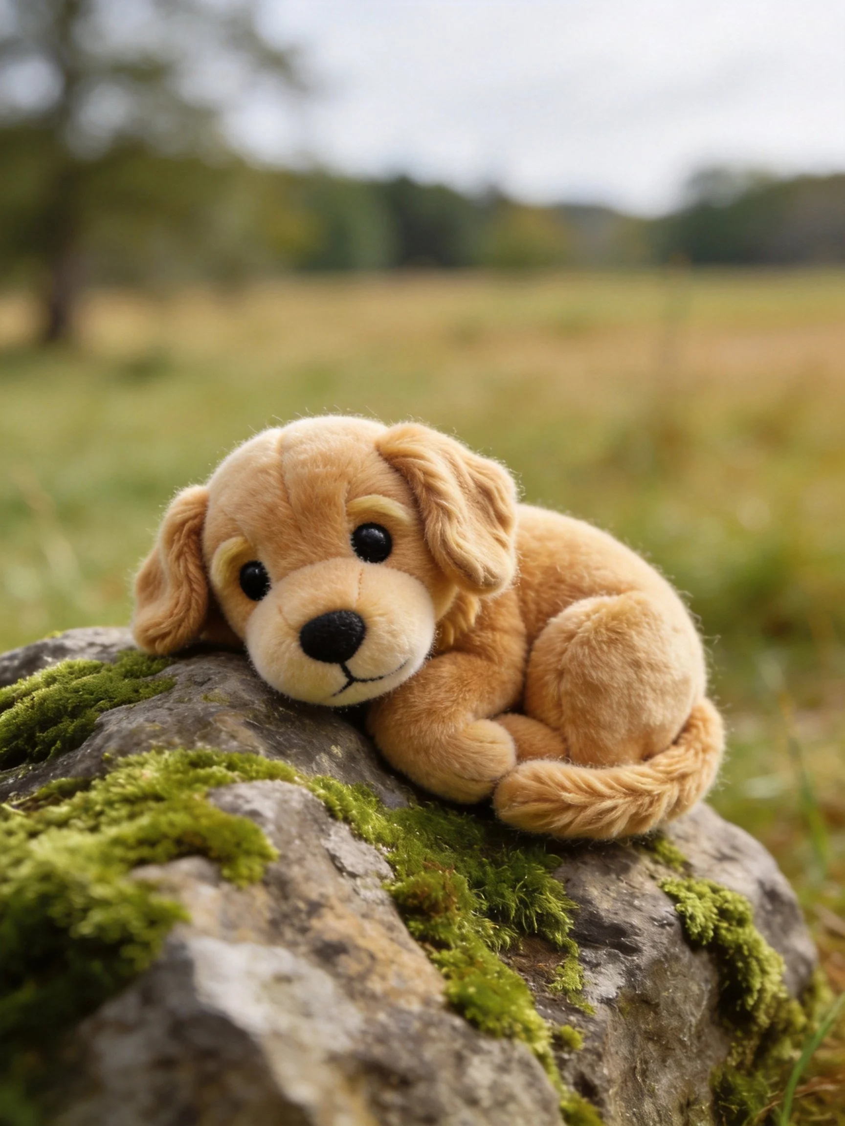 A golden plush puppy lies on a mossy rock in an outdoor landscape.