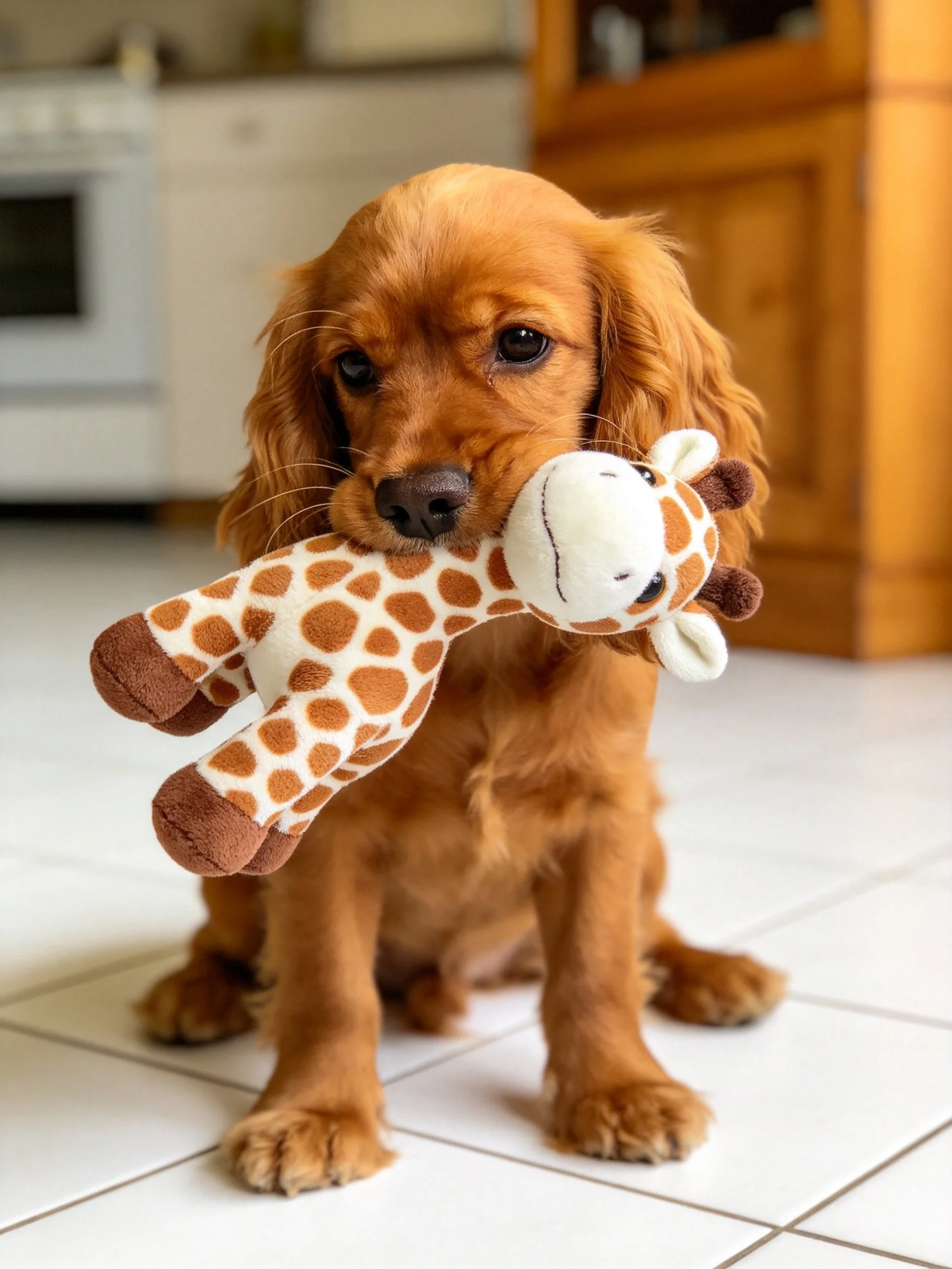 A golden puppy carries a giraffe stuffed toy in a home interior