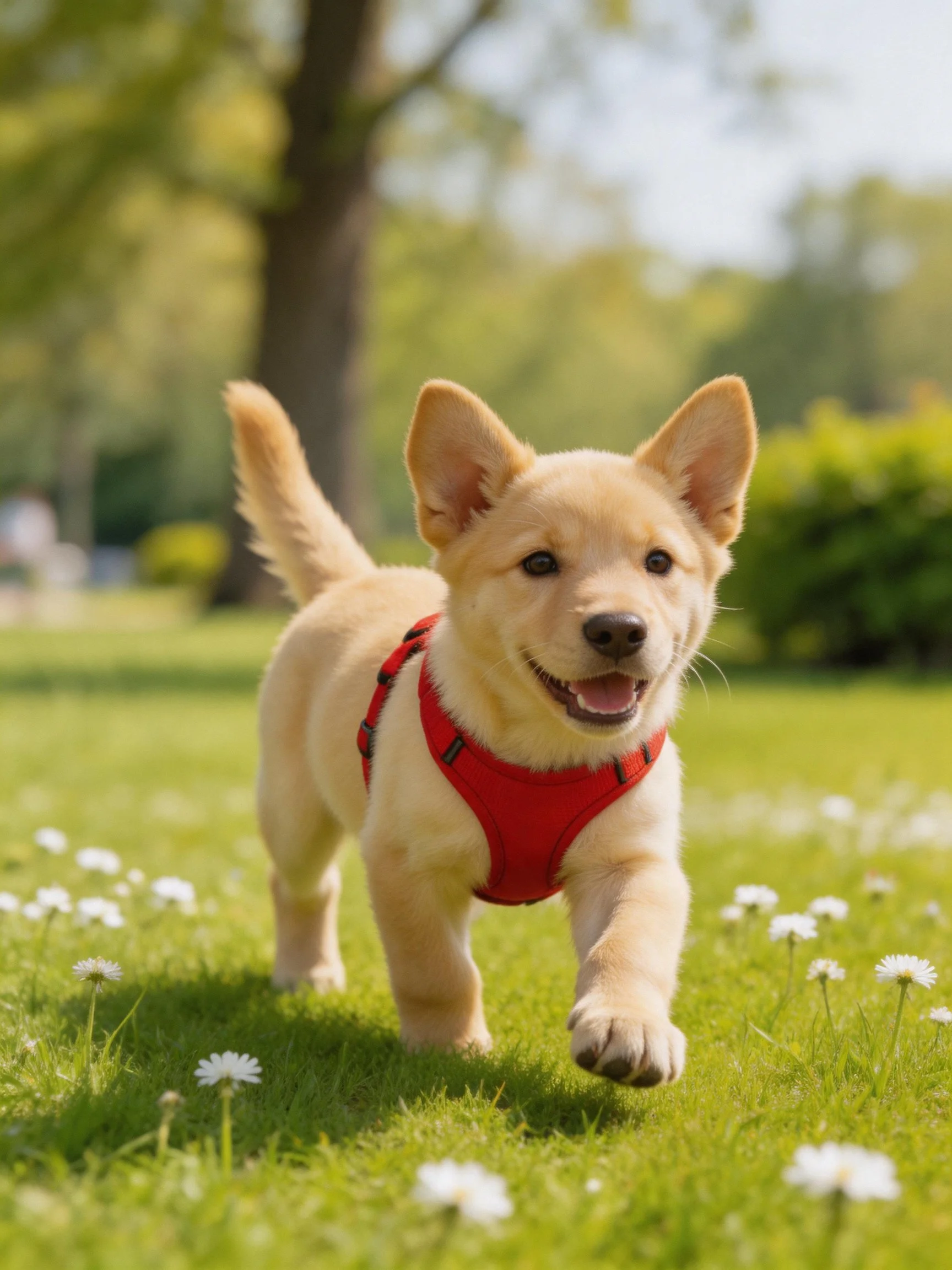 Golden puppy with red harness runs through a flowered park.