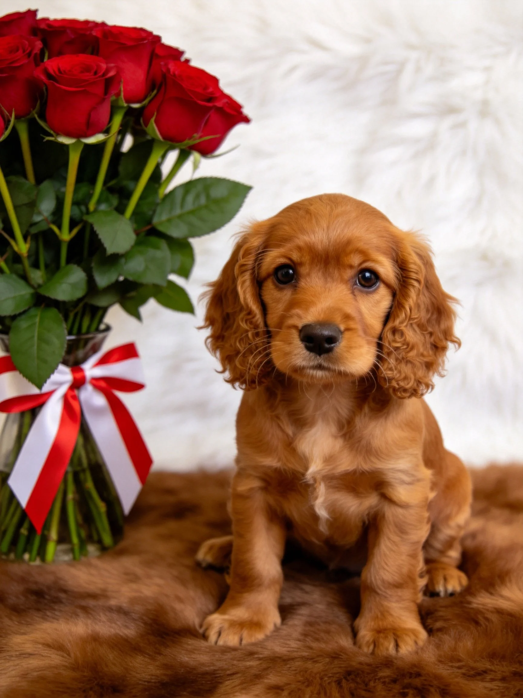 A golden retriever puppy sits next to a vase of red roses.