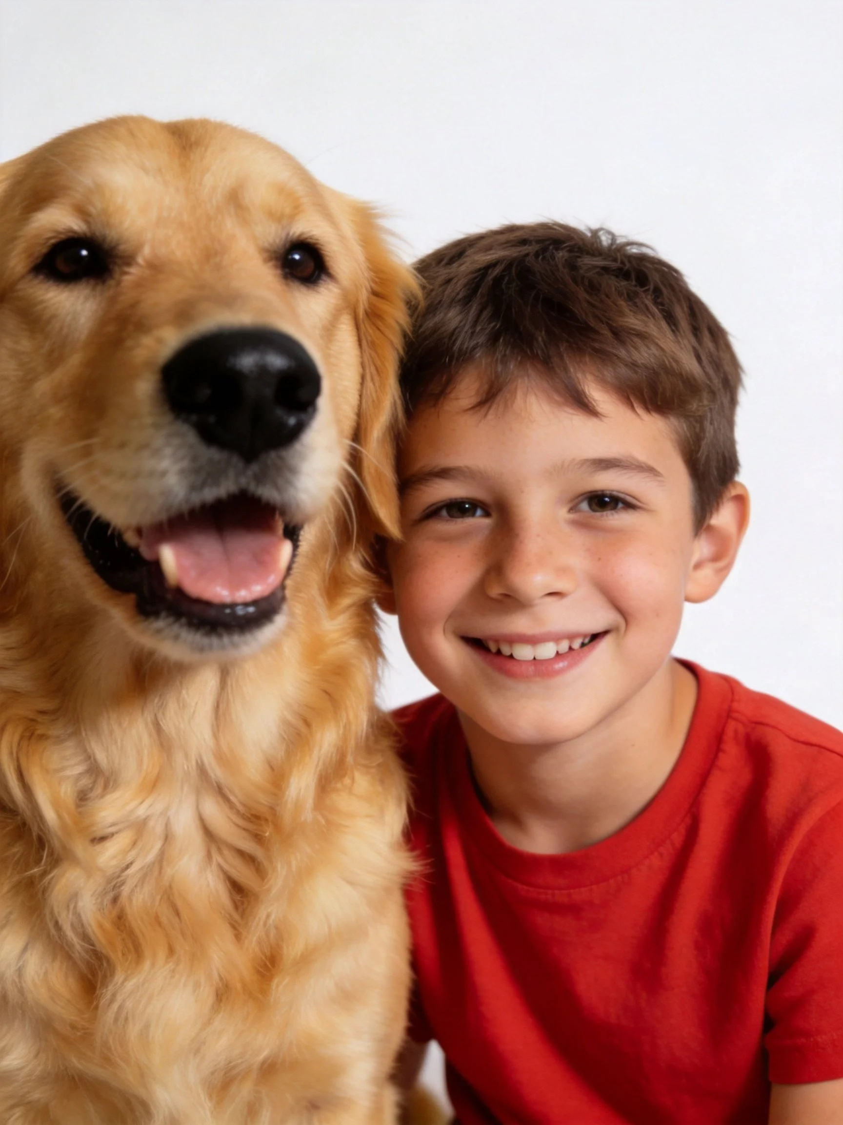 A golden retriever and a smiling boy in a red shirt stand close together.