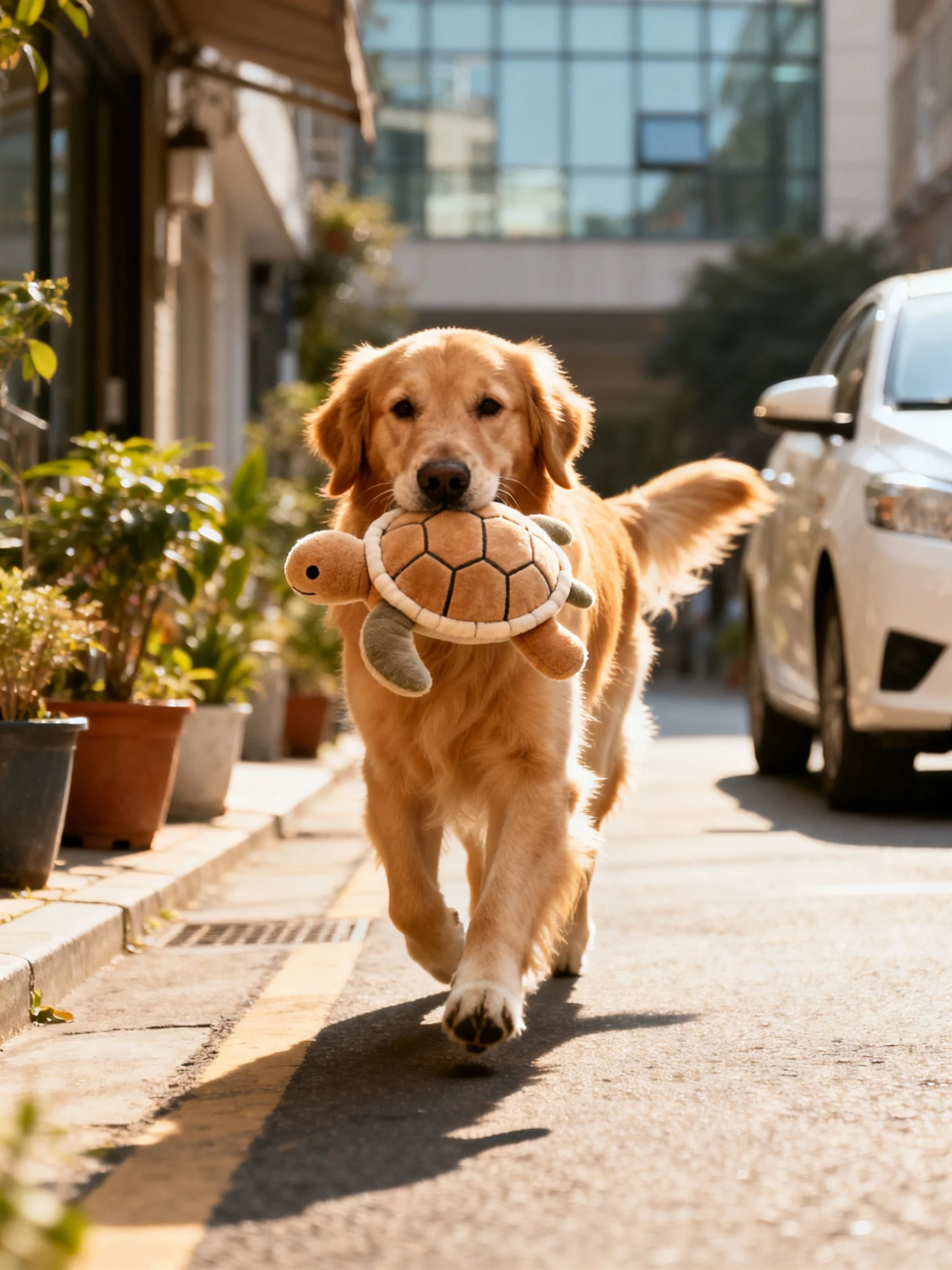 A golden retriever carries a brown stuffed turtle toy down a sunlit street