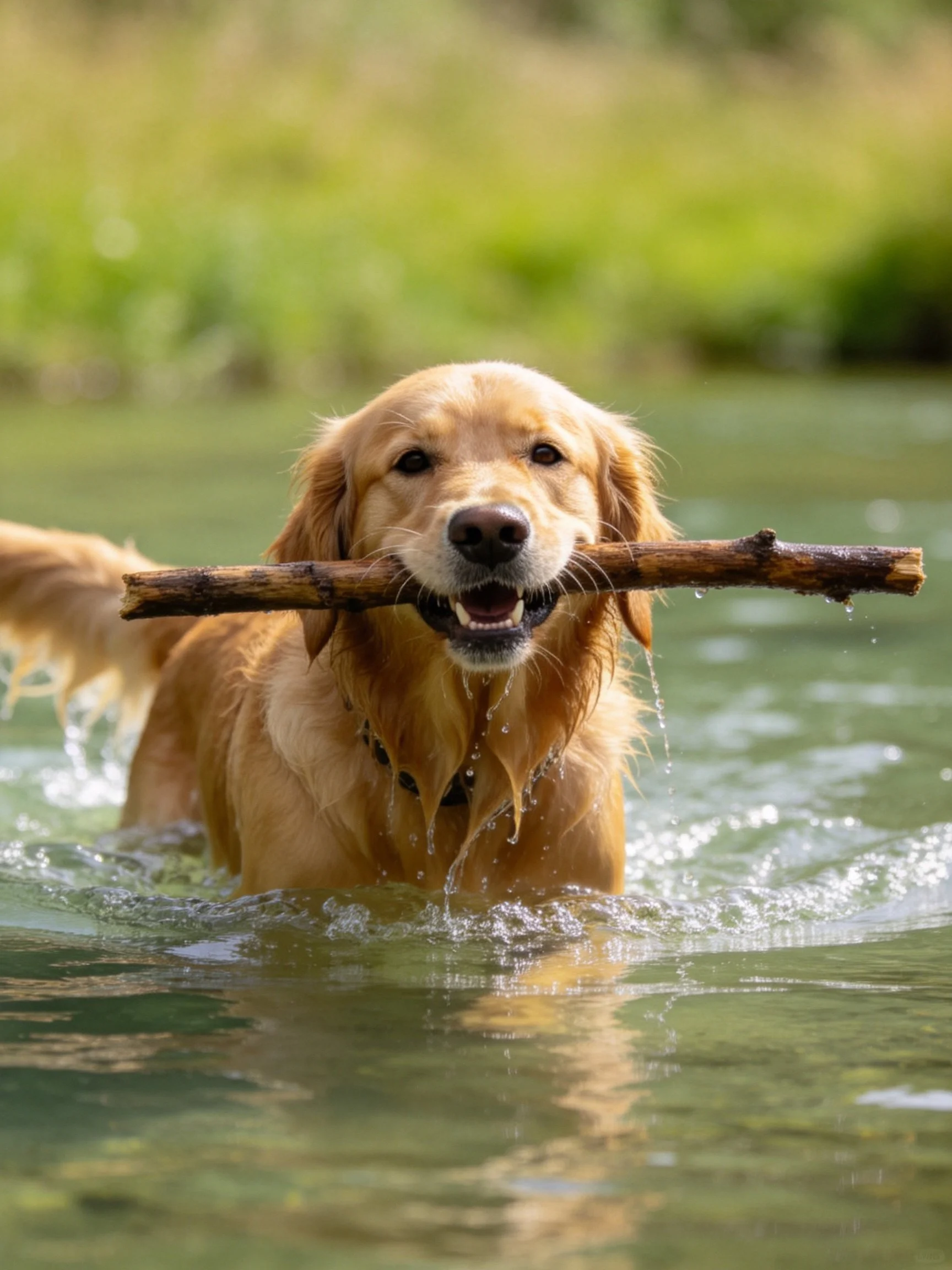 A golden retriever carrying a wooden stick through shallow water
