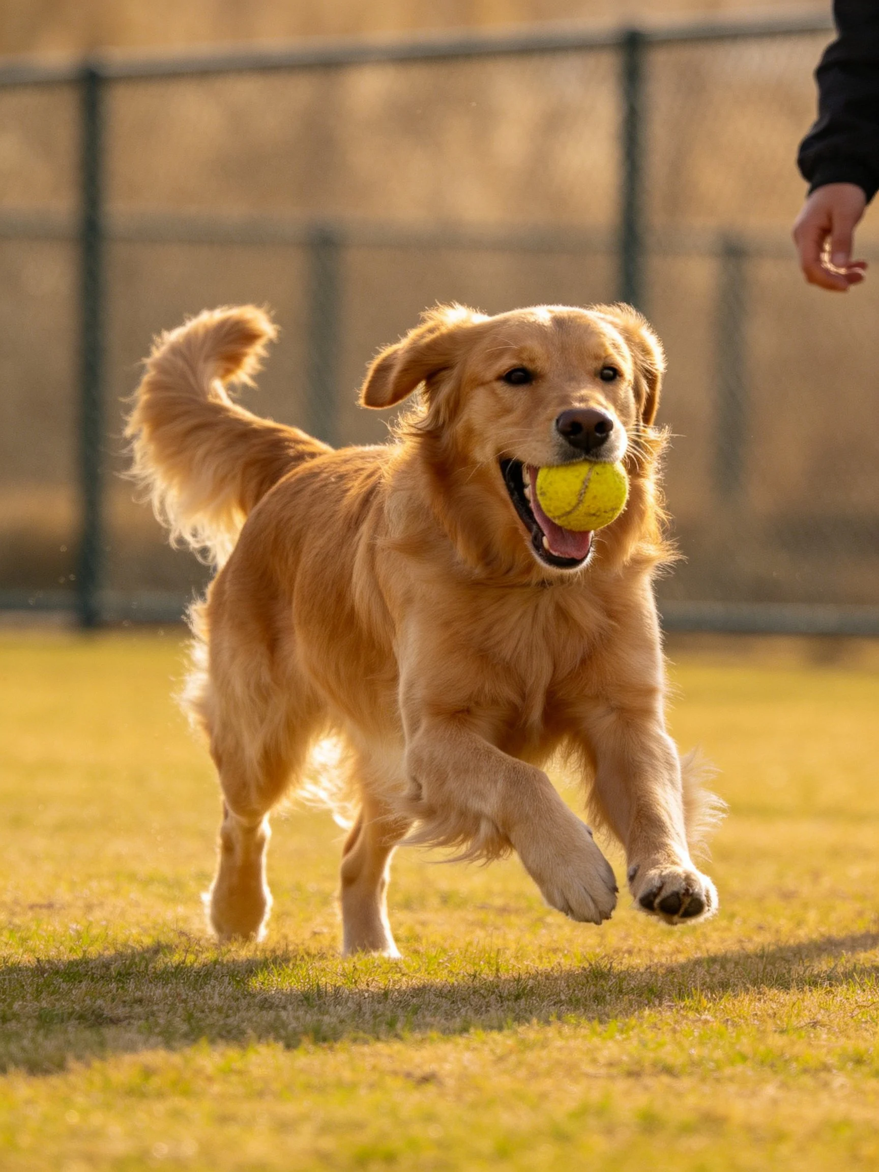 A golden retriever carrying a yellow tennis ball on a sunlit grassy field