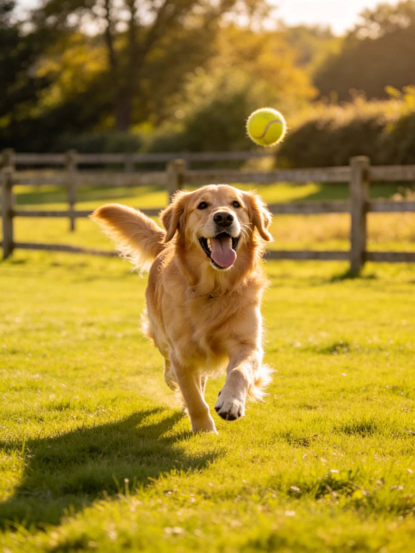 A golden retriever runs toward a yellow tennis ball in an outdoor grassy area.