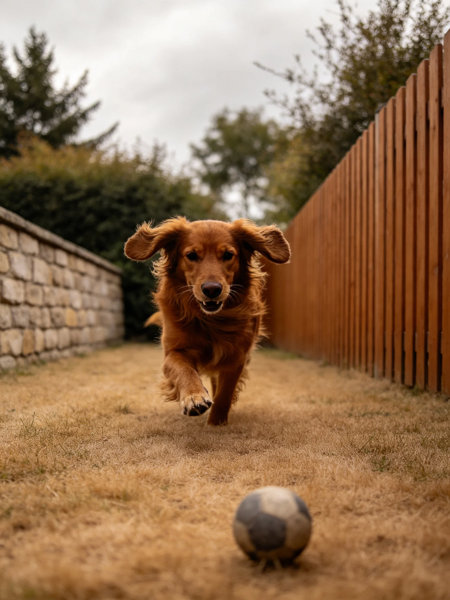A golden retriever dashes toward a soccer ball in a fenced backyard.