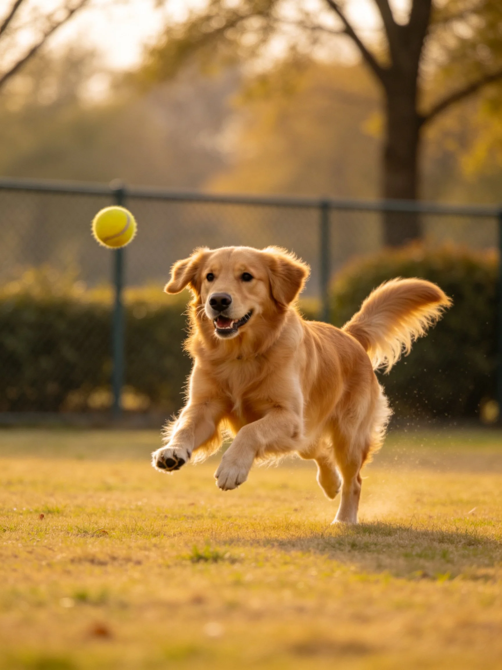 A golden retriever runs toward a yellow tennis ball in a sunlit outdoor area.