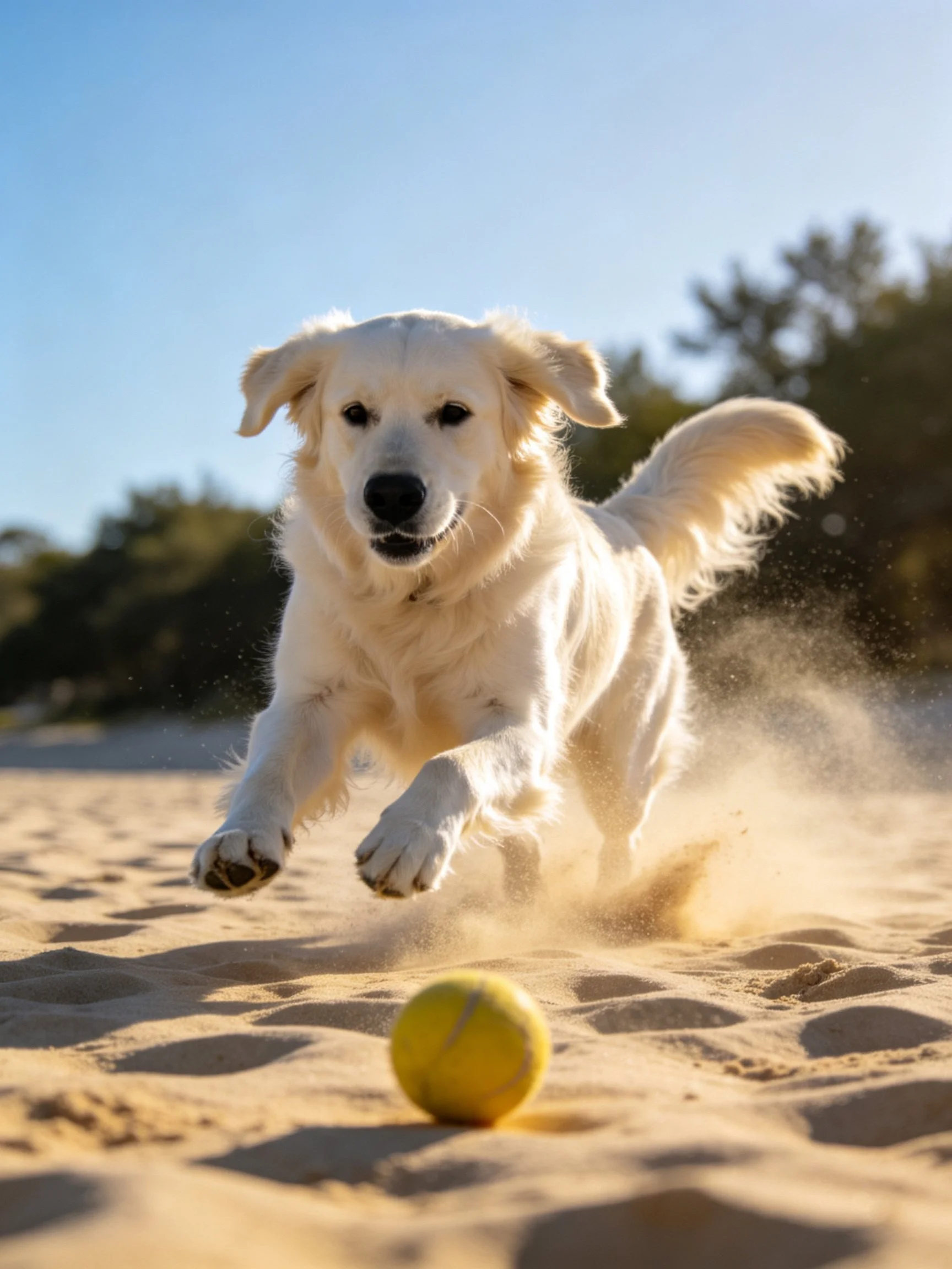 A golden retriever chasing a yellow tennis ball on sandy beach