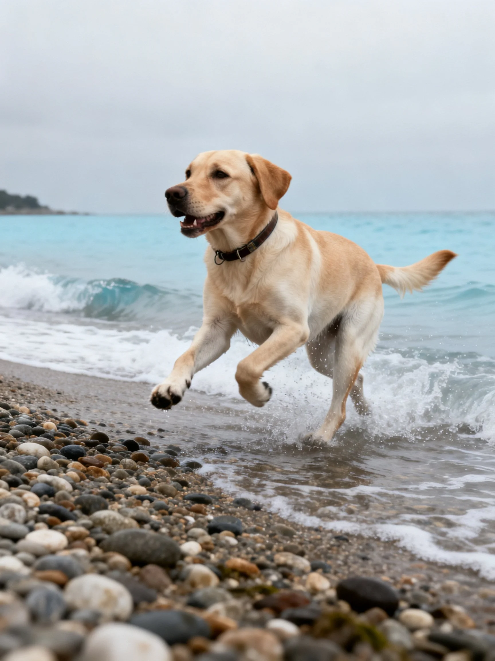 A golden retriever dashes past pebbles toward turquoise ocean waves