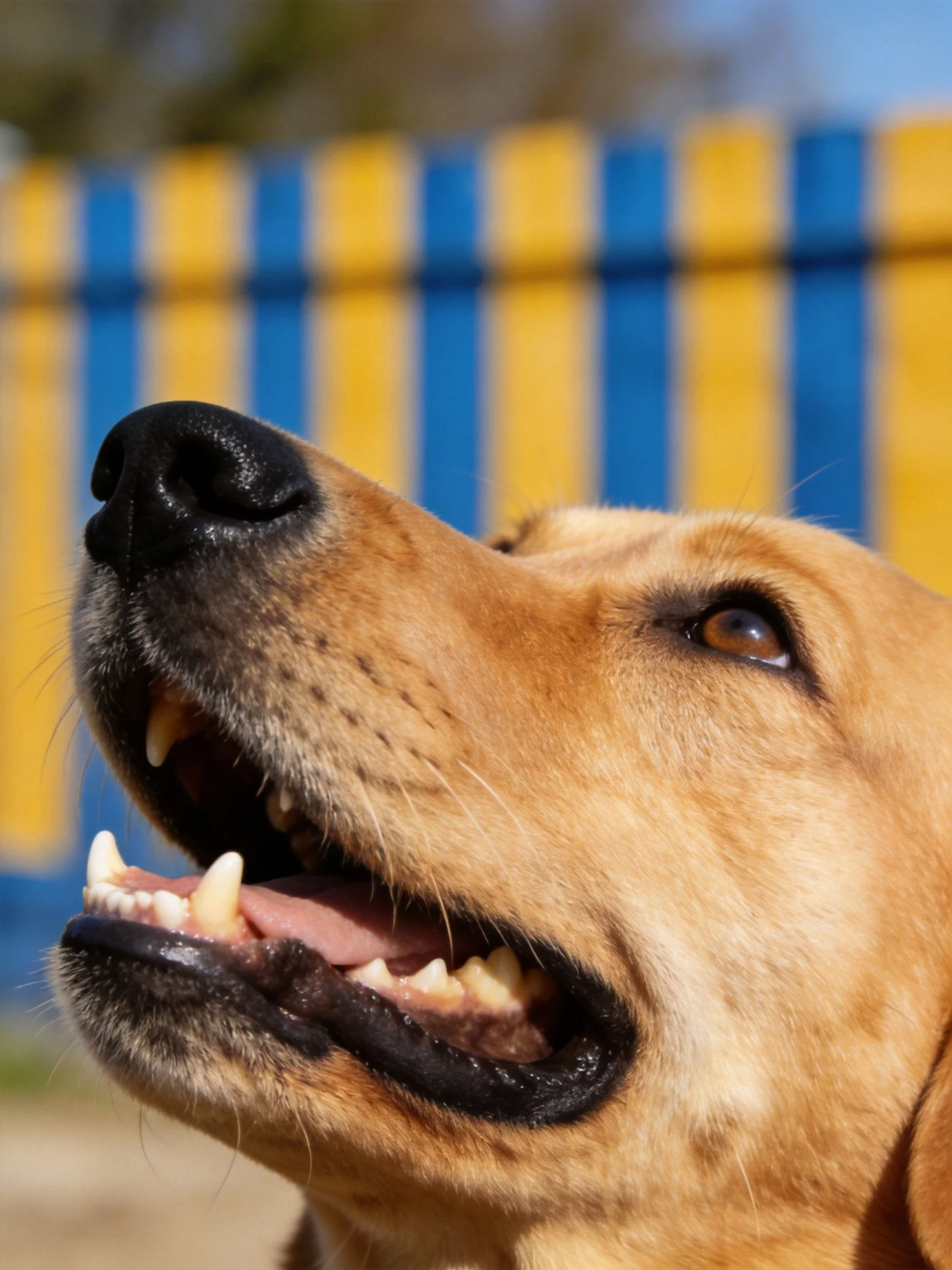 A golden retriever dog with mouth open stands before a colorful striped fence.