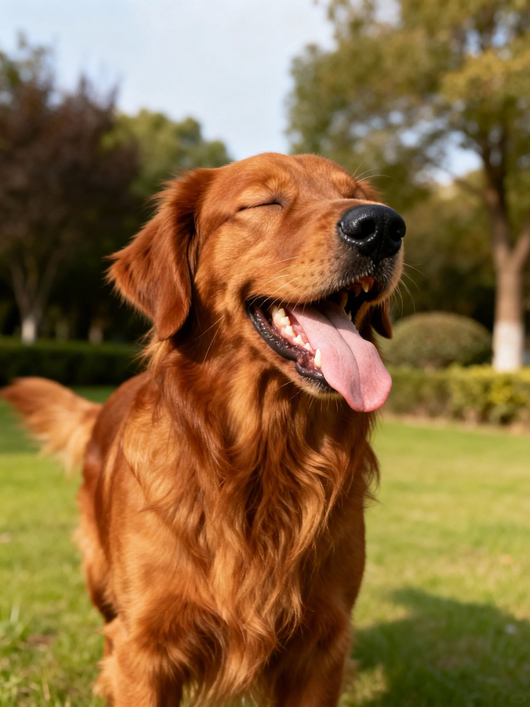 A golden retriever enjoys a sunny day in a lush park