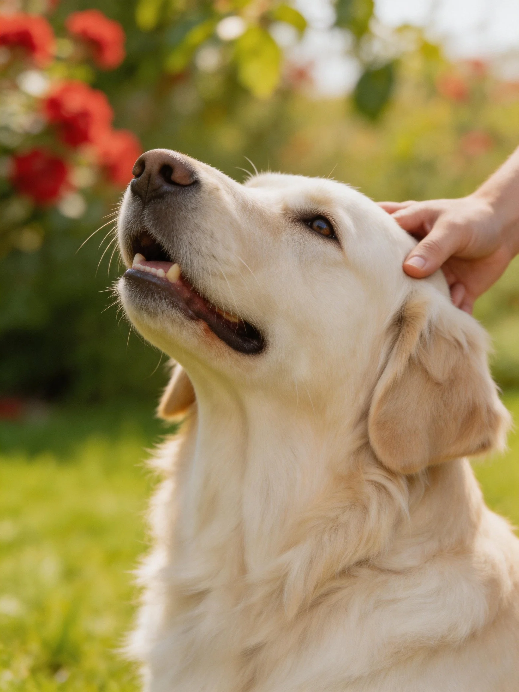 A golden retriever enjoys gentle petting in a sunlit garden