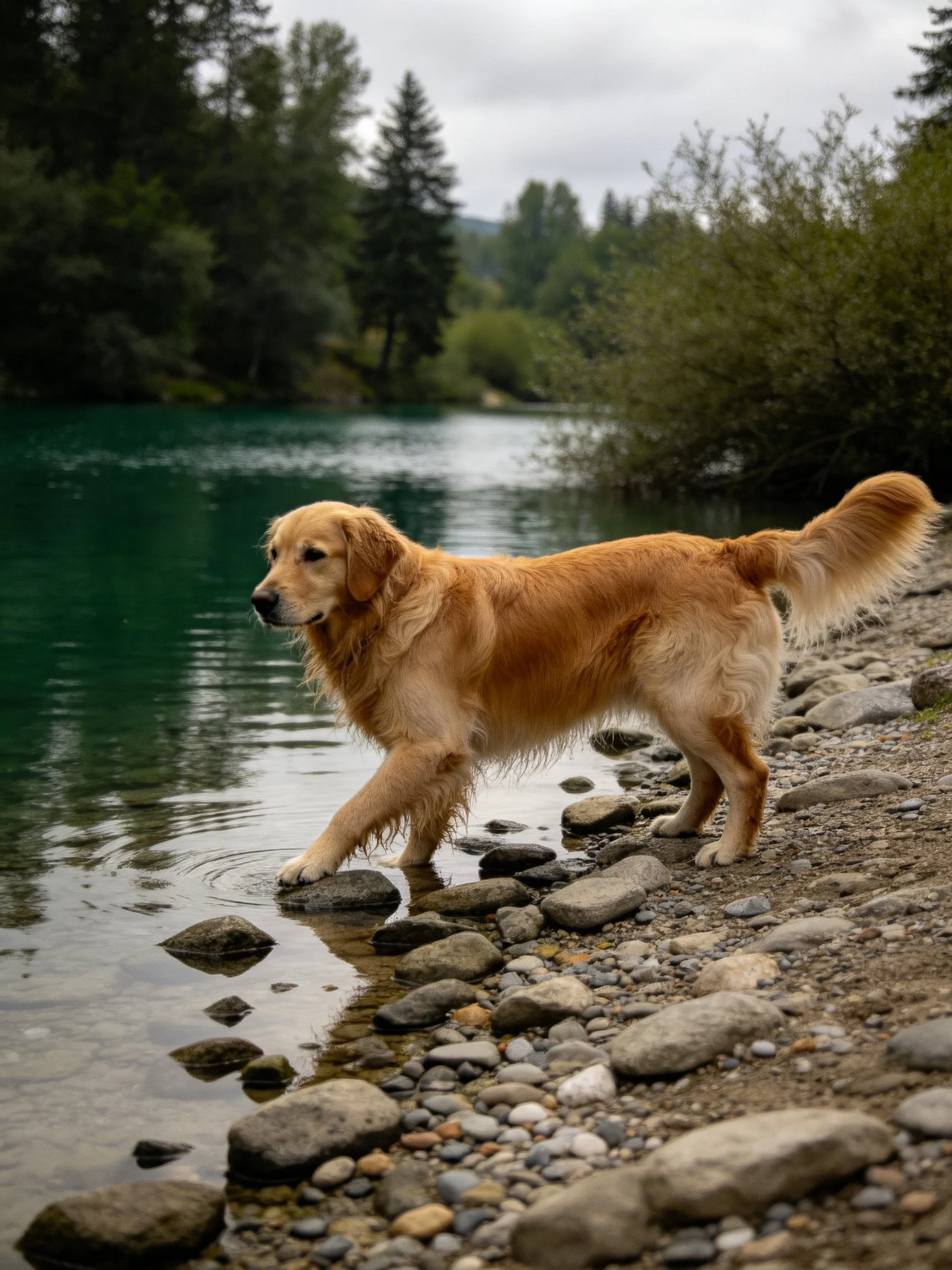 A golden retriever walks along a rocky shoreline beside a turquoise river.